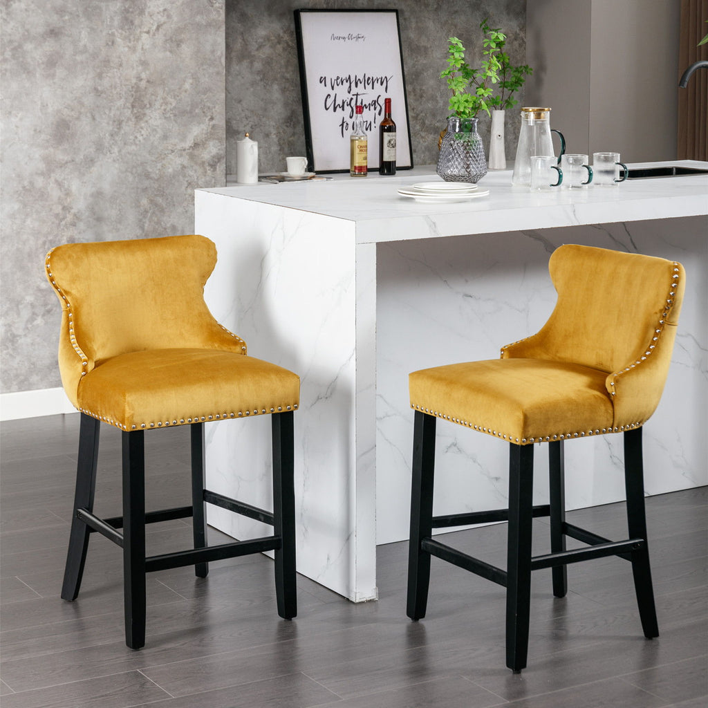Contemporary Upholstered Wing-Back Barstools With Button Tufted Decoration And Wooden Legs, And Nailhead Trim, Leisure Style Bar Chairs, Bar Stools (Set of 2)