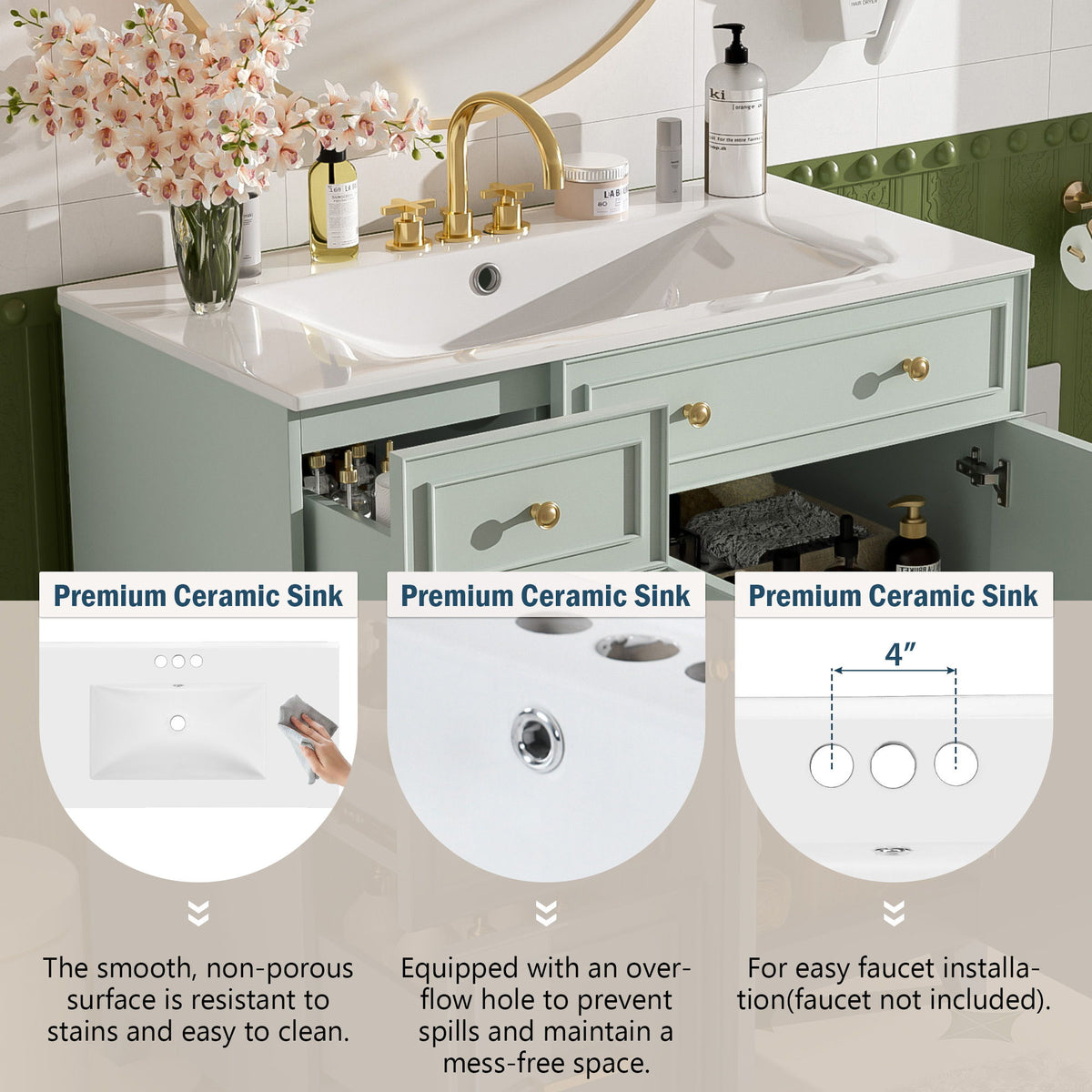 Bathroom Vanity With Sink, Soft Close Doors, Adjustable Shelves