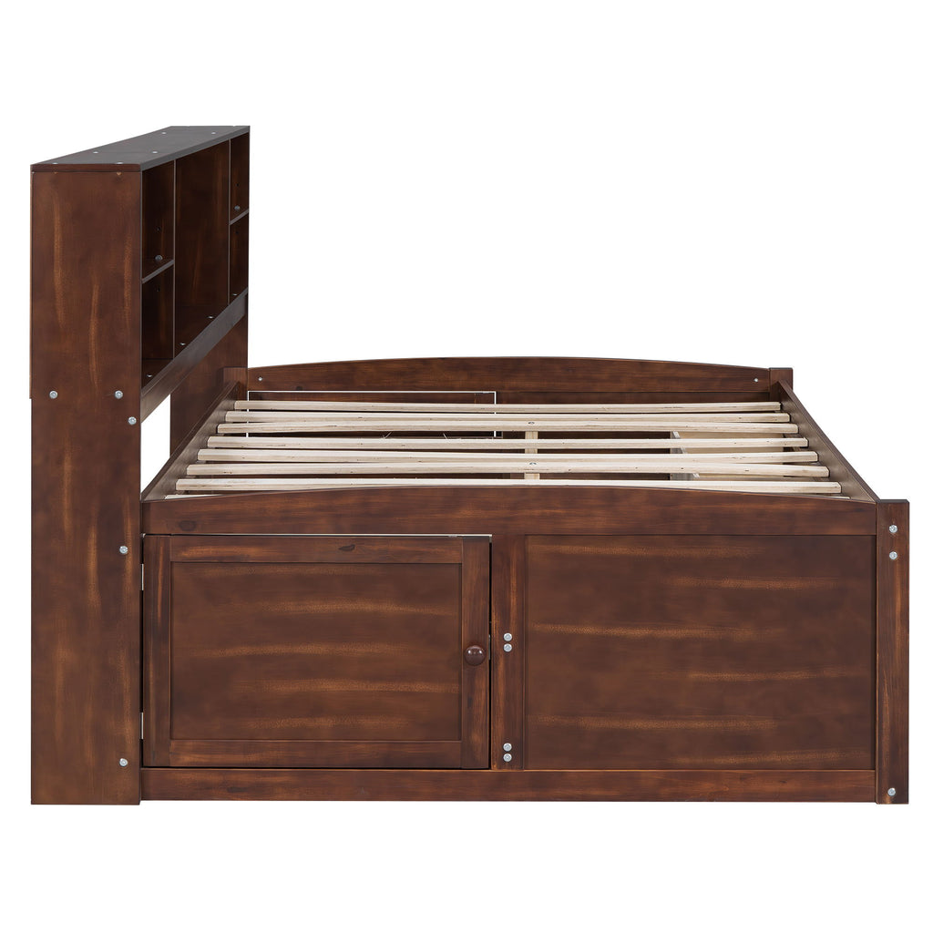 Full Size Captain Bed With Built In Storage Shelves, 4 Drawers And 2 Cabinets - Antique Brown