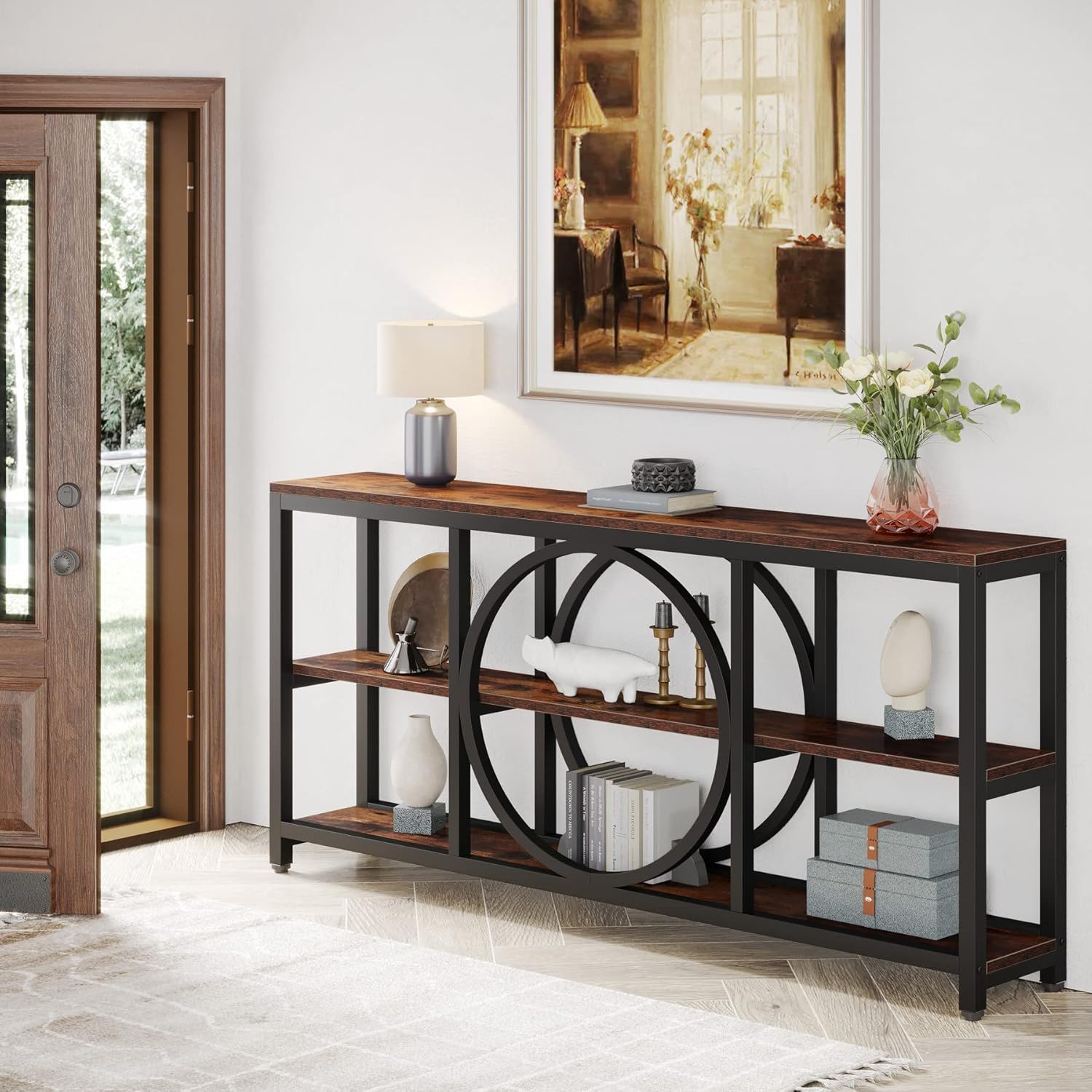 Extra Long Console Table With 3 Tier Open Shelves And Circular Frame - Brown / Black