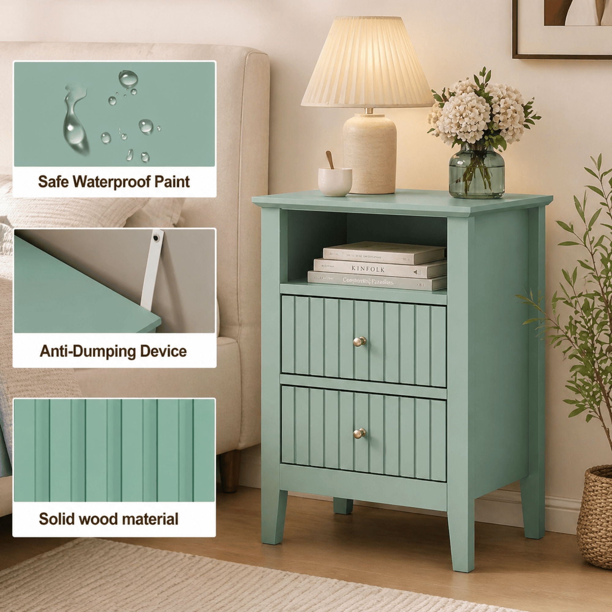 Fluted Nightstand With 2 Drawers