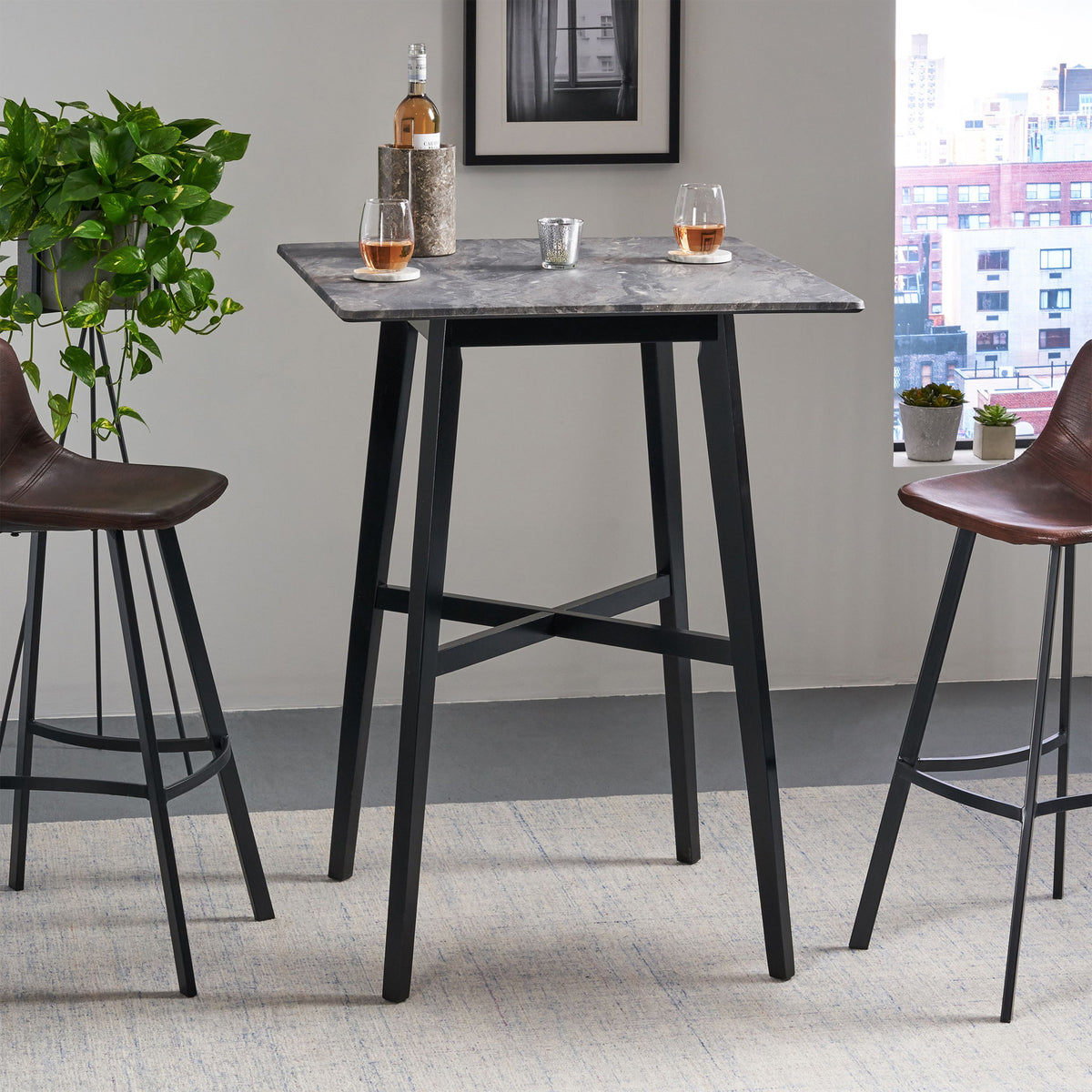 Modern Bar Height Dining Table, Rubberwood Legs And Laminate Table Top, Paladina Marble - Gray / Black