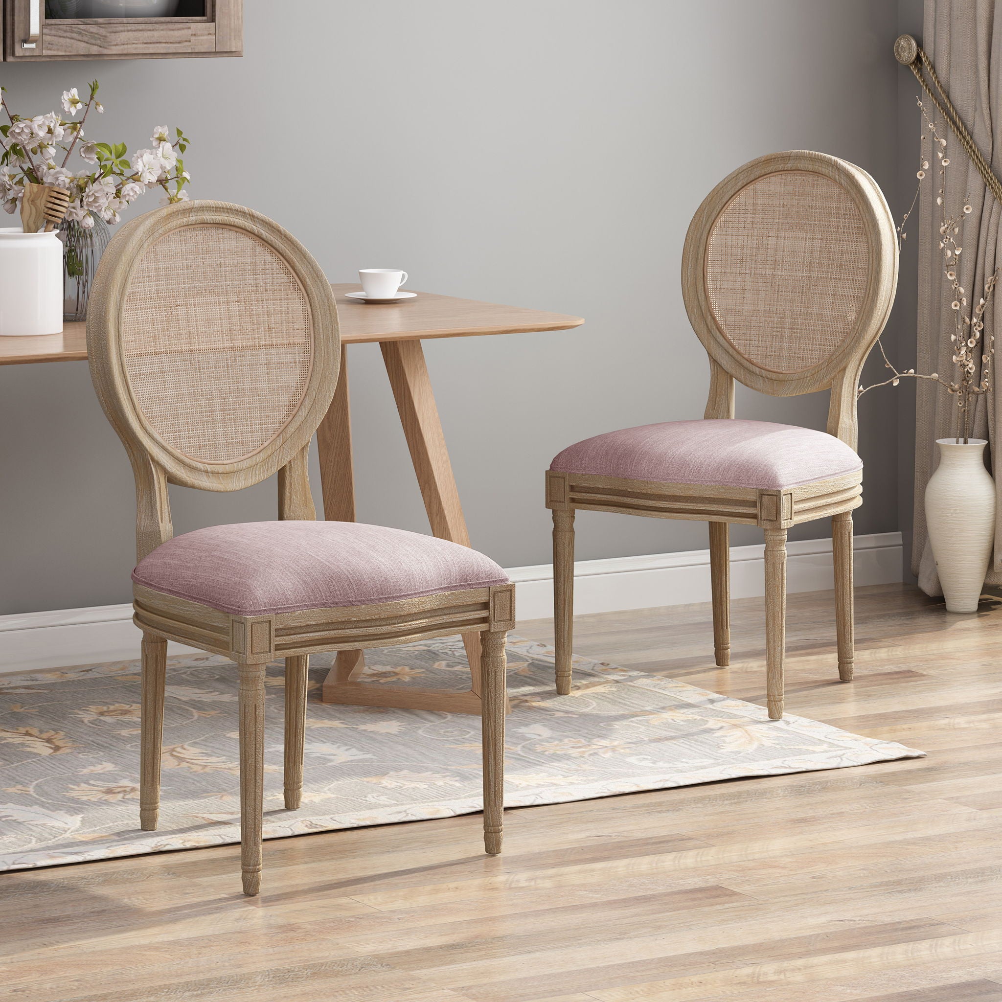 Elegant Dining Chair Set With Cane And Fabric Upholstery