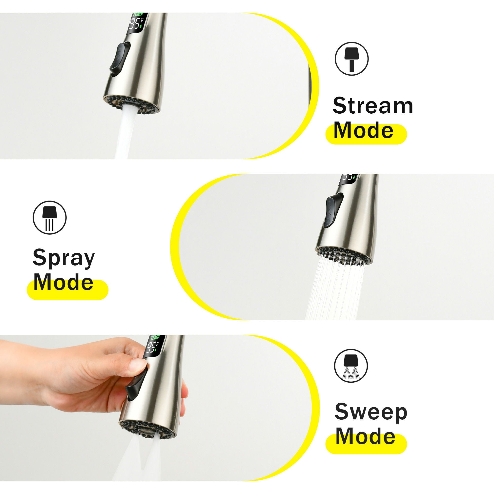 3 In 1 Kitchen Faucet With LED Temperature Display, Pull Down Sprayer