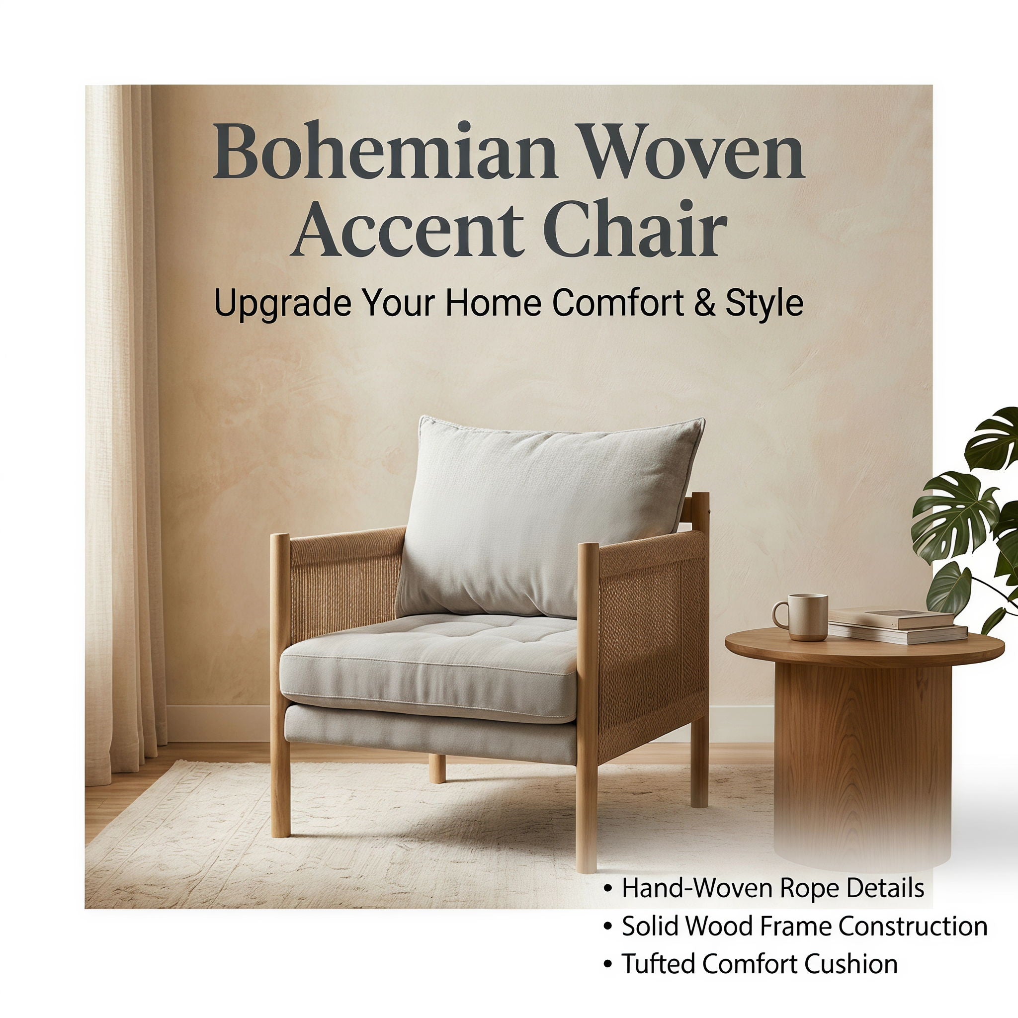 Accent Armchair With Removable Cushions For Living Room - Matte Black / Natural / Sand