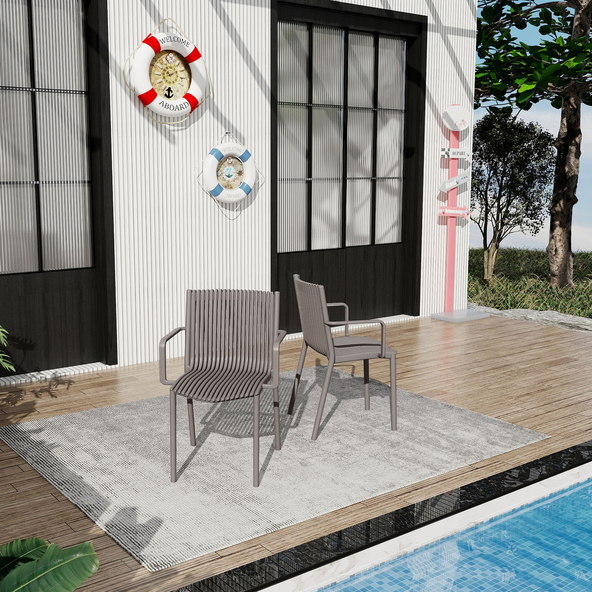 4 Piece Stackable Single Chairs With Vertical Stripe Design For All Weather