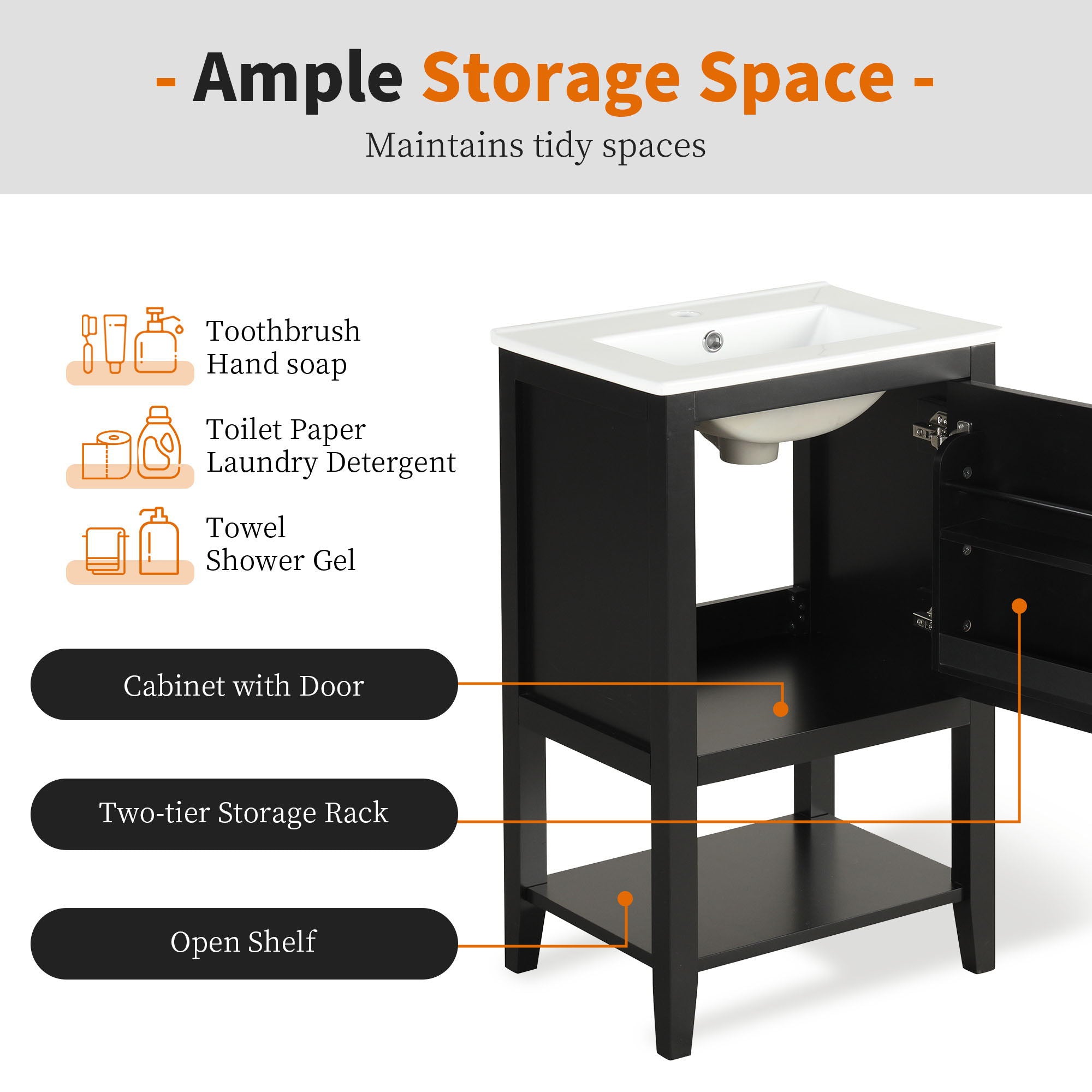 Modern Bathroom Vanity With Sink, Soft-Closing Door And Open Shelf