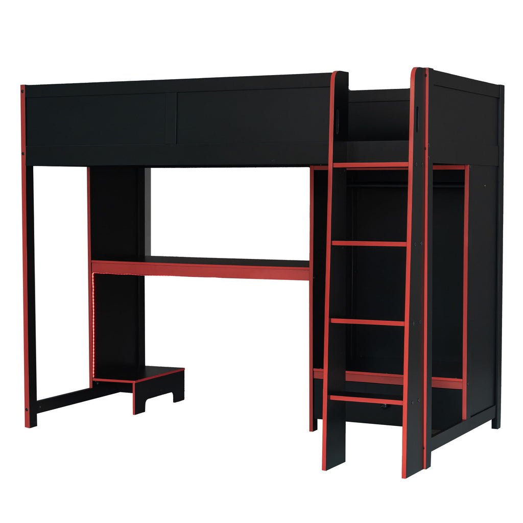 Gaming Loft Bed With Built In Desk, Wardrobe, LED Lighting And Drawer