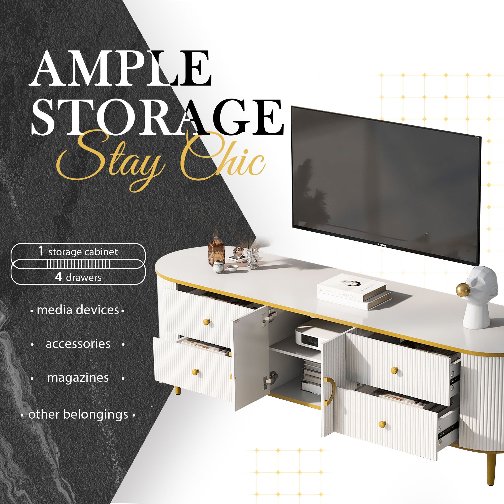 Modern TV Stand For TVs Up To 80", Entertainment Center With 4 Drawers And 1 Cabinet, Wood TV Console Table With And Handles For Living Room - White