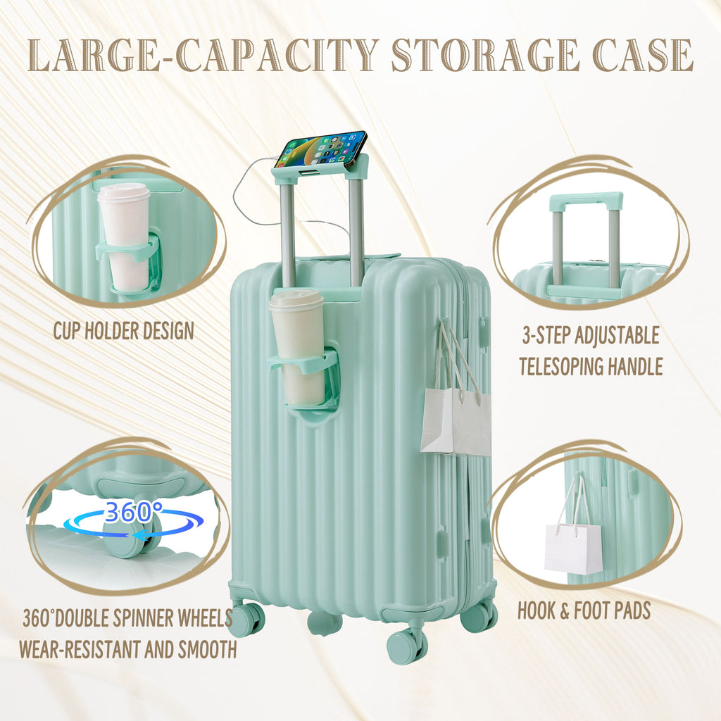 20" / 24" / 28" 3 Pieces / Set Spinner Wheel Luggage, Carry On Suitcase, With Cup Holder & USB Port & Phone Holder