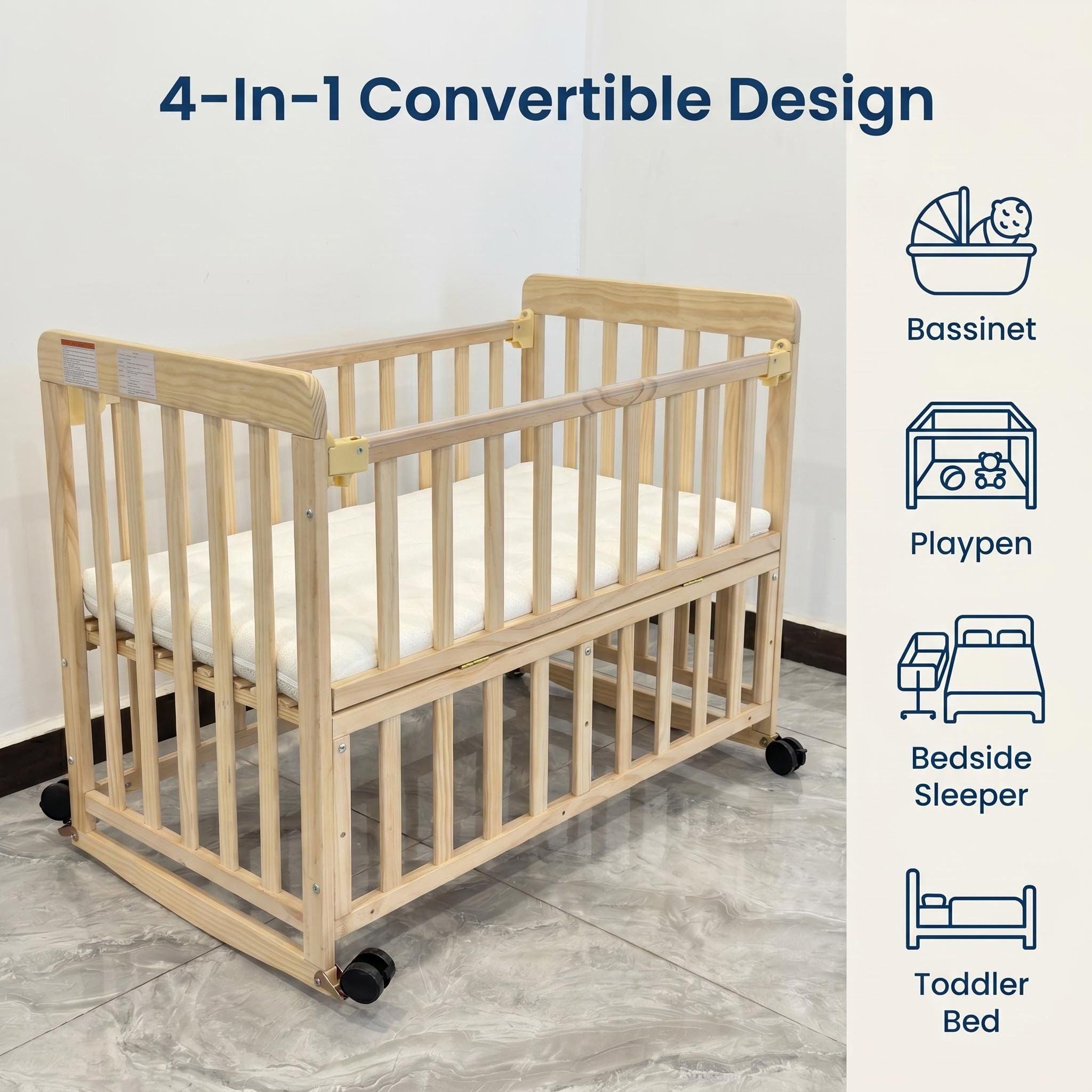 Portable Bedside Bassinet With 3 Adjustable Heights, Mini Crib For Newborns - Natural Wood