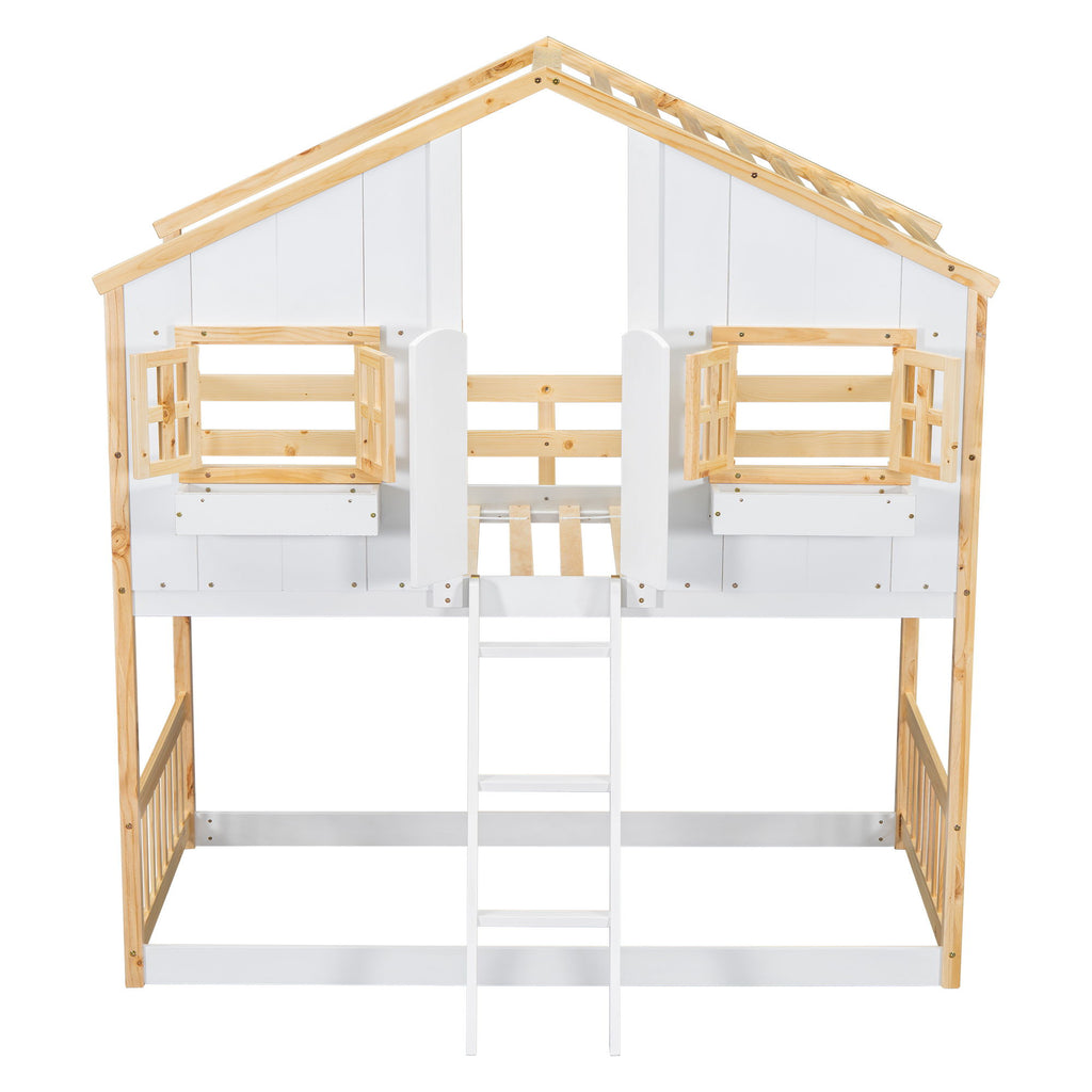 House Bunk Bed With Roof, Window, Window Box, Door, With Safety Guardrails And Ladder