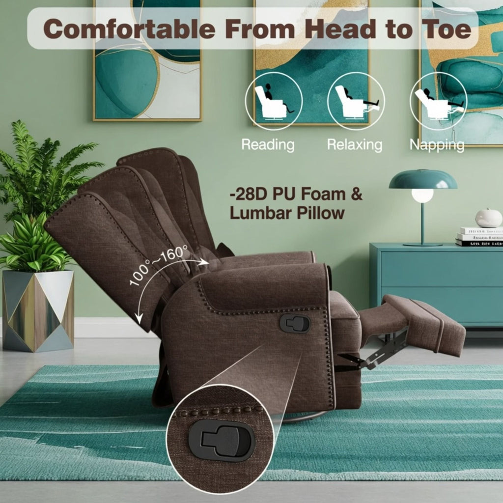 Extra Wide Swivel Recliner Glider Chair With Footrest - Brown