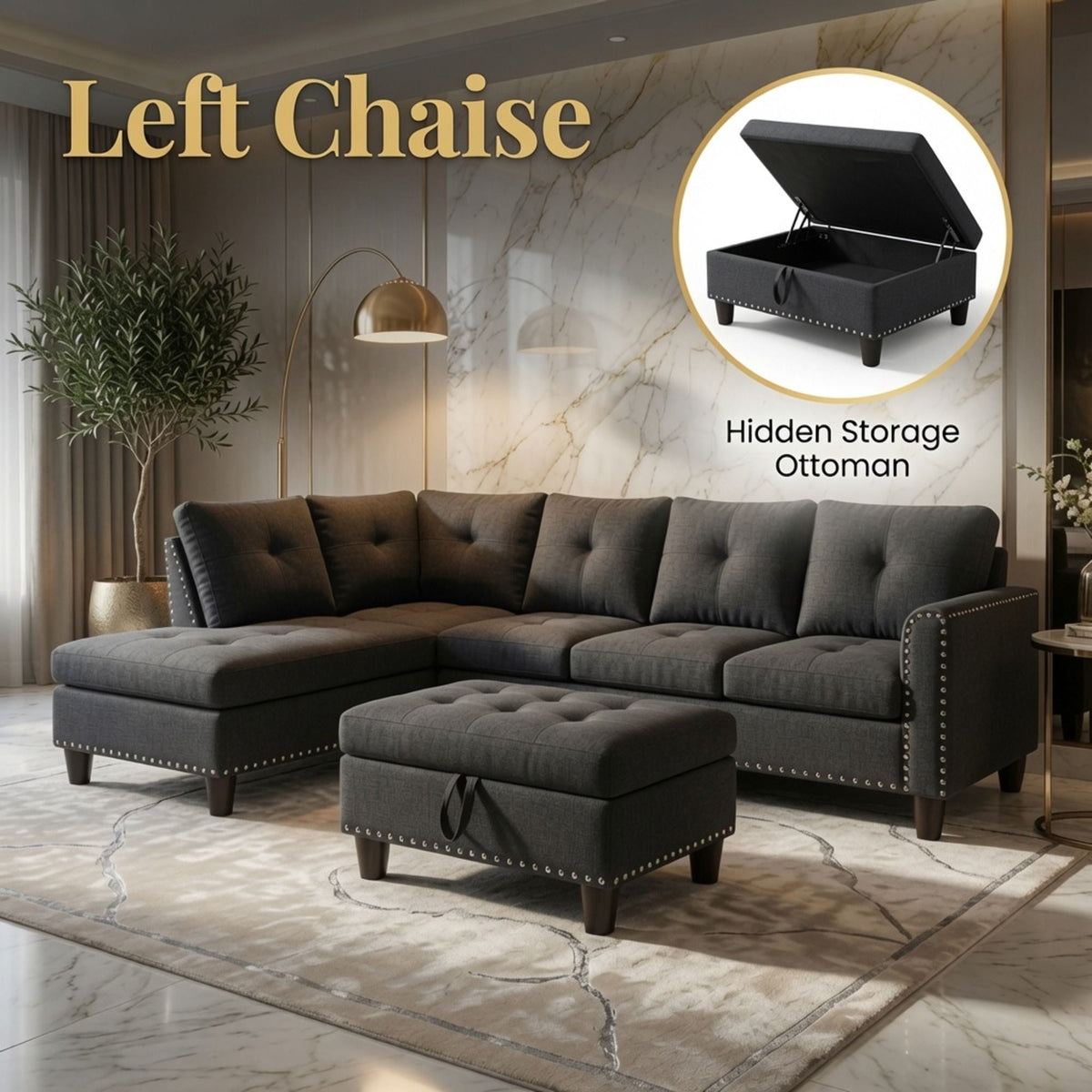 L - Shaped 3 Piece Sectional Sofa With Chaise, Storage Ottoman & Cup Holders