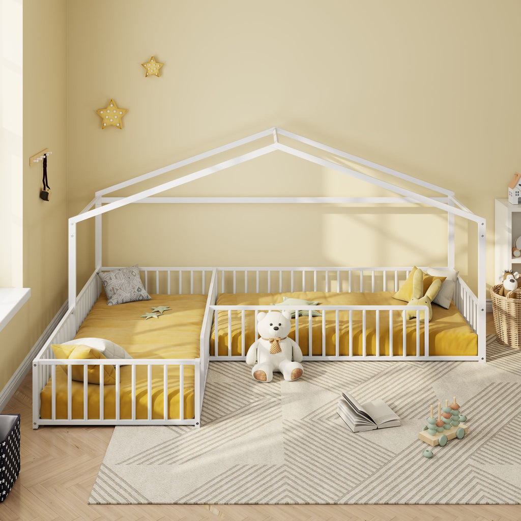 L-Shaped Montessori Bed For 2 Kids With Partitioned Fence