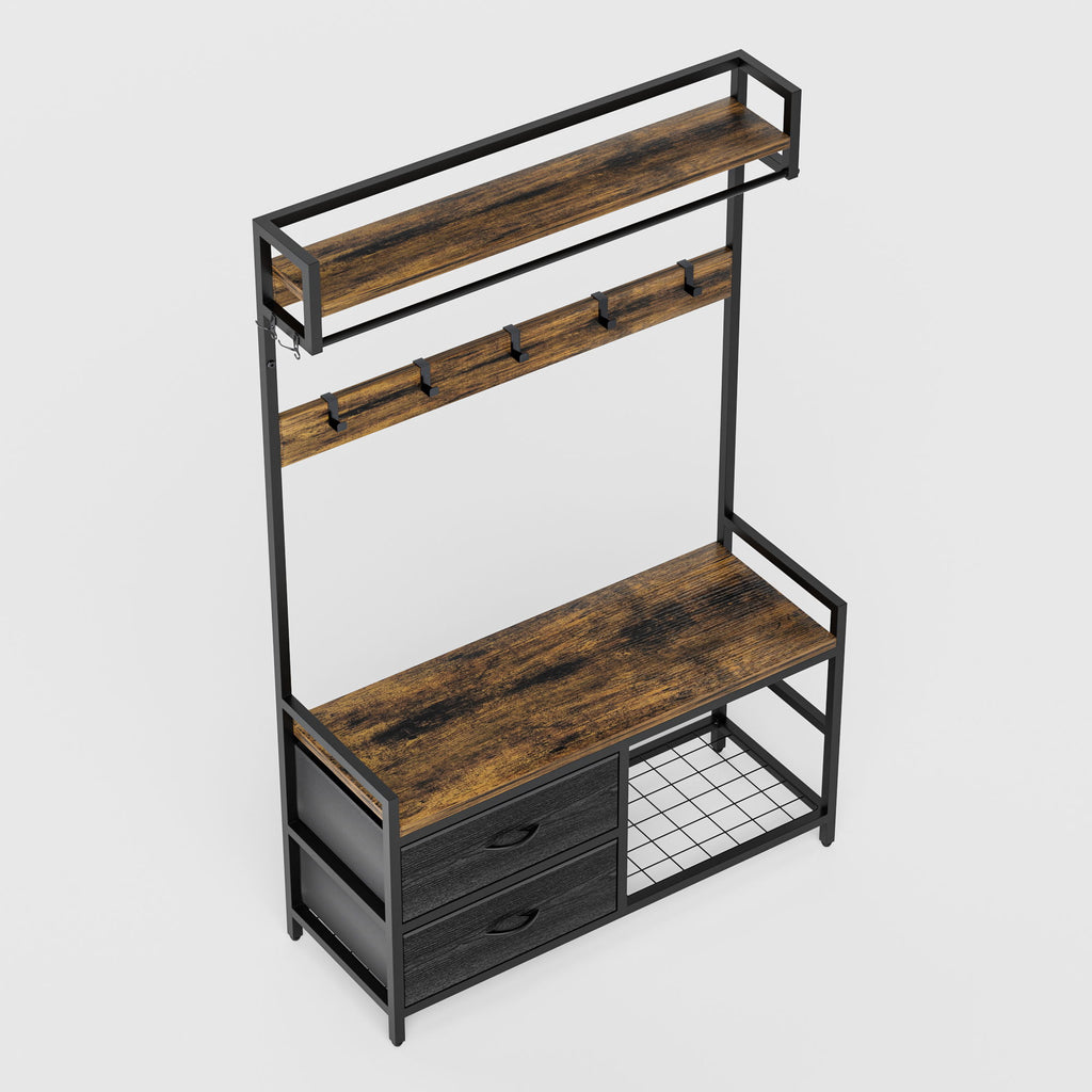 Hall Tree With 2 Movable Drawers, Shoe Storage, Shelves, Garment Racks, And 23 Hooks For Entryway - Rustic Brown