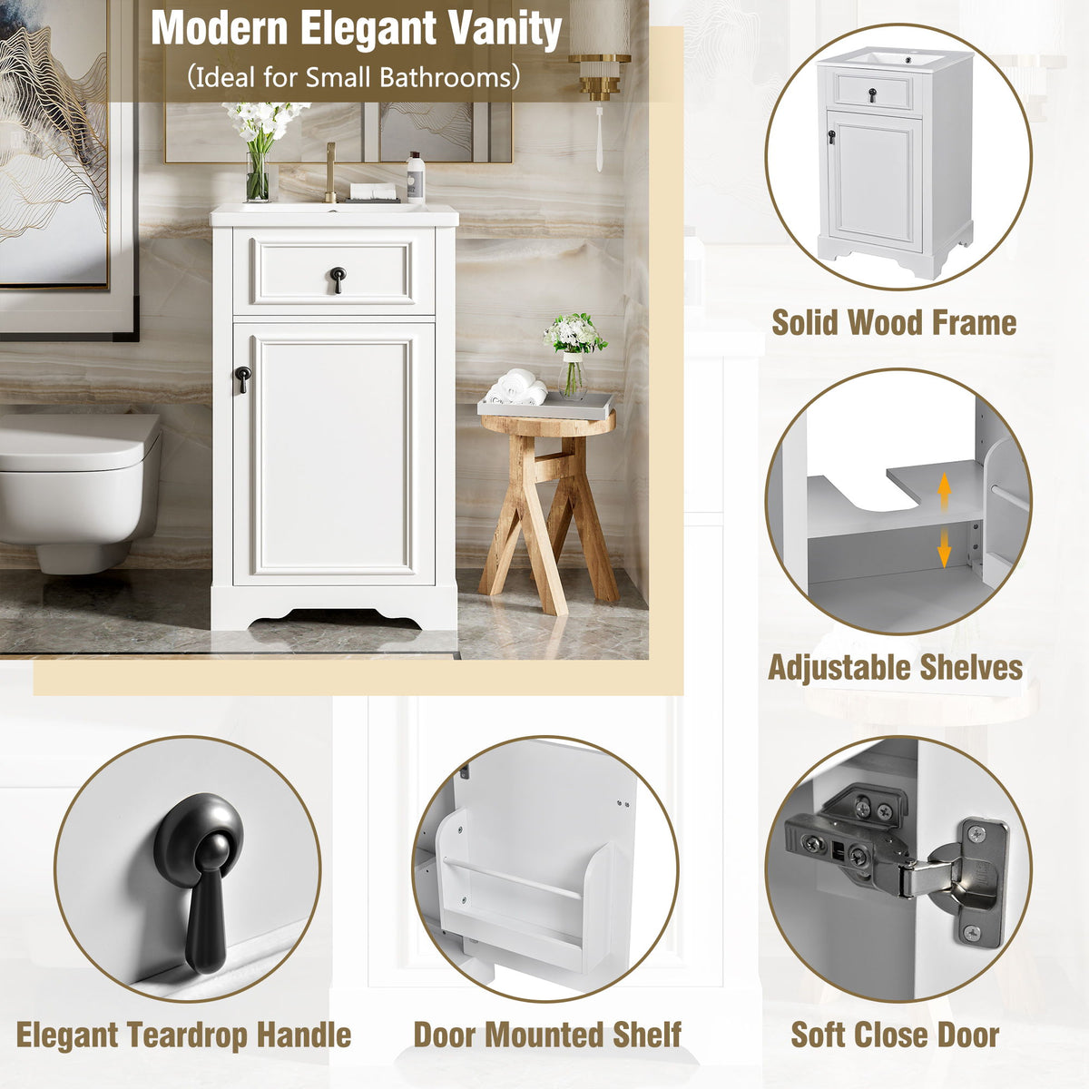 Elegant Bathroom Vanity With Ceramic Sink, Soft Close Door, Adjustable Shelf
