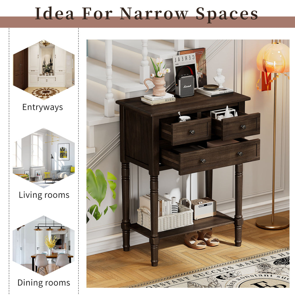 Narrow Console Table With 3 Storage Drawers And Bottom Shelf - Brown