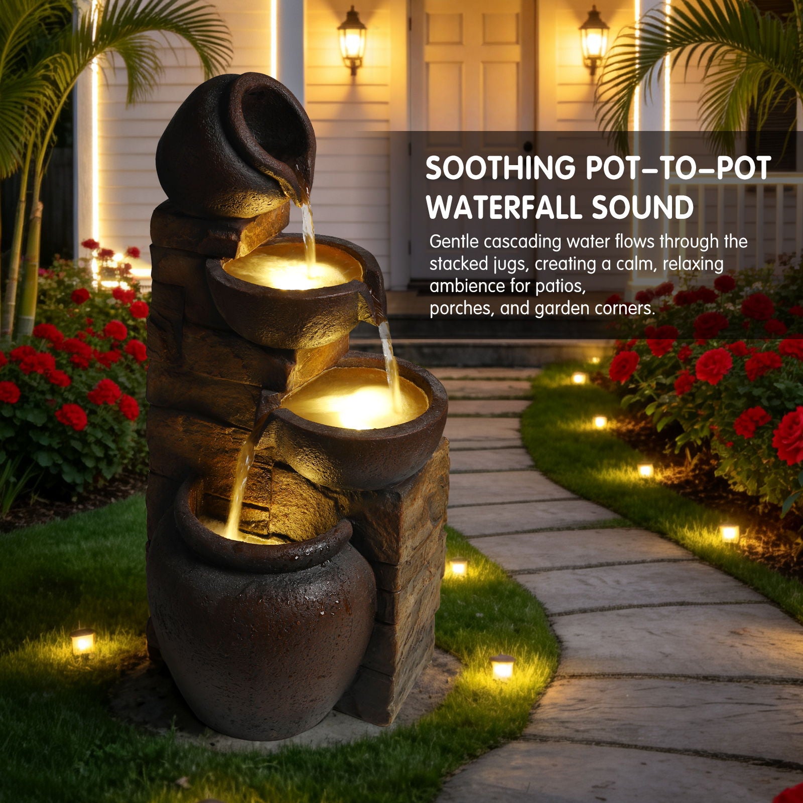 Tiered Outdoor Garden Water Fountain With Warm LED Lights - Brown