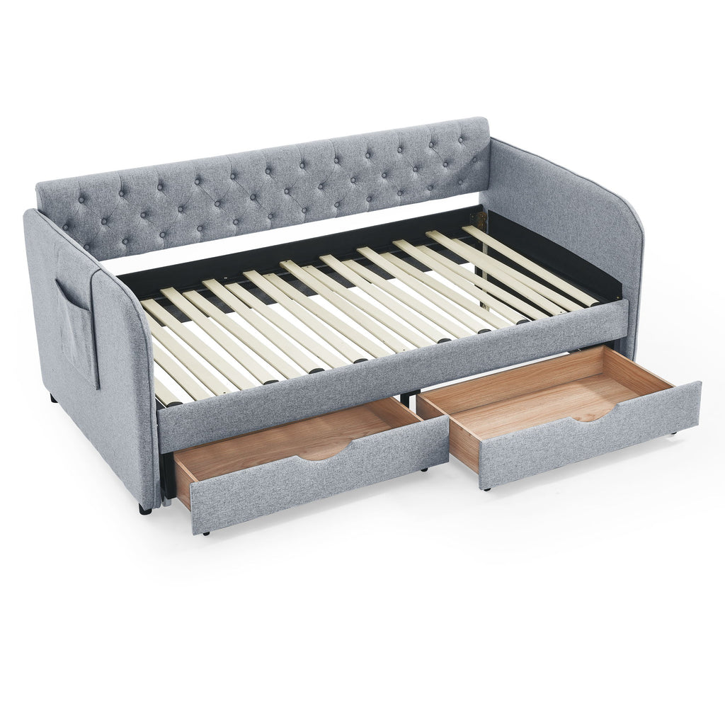 Daybed With Trundle And Storage Drawers, Flat Arms With Pocket