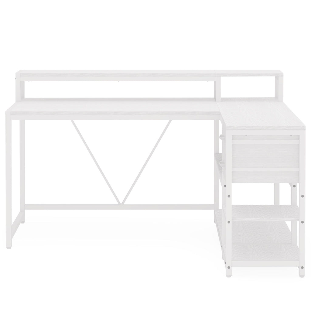 L-Shaped Home Office Desk With Monitor Riser, Drawers, And Storage Shelves