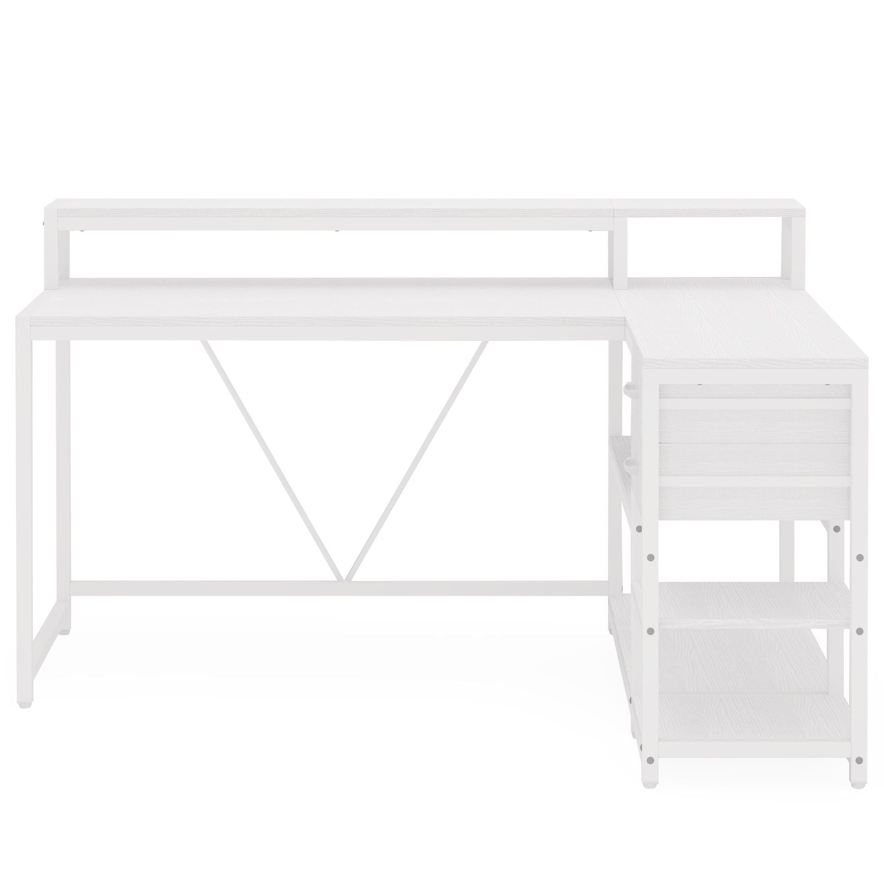 L-Shaped Home Office Desk With Monitor Riser, Drawers, And Storage Shelves