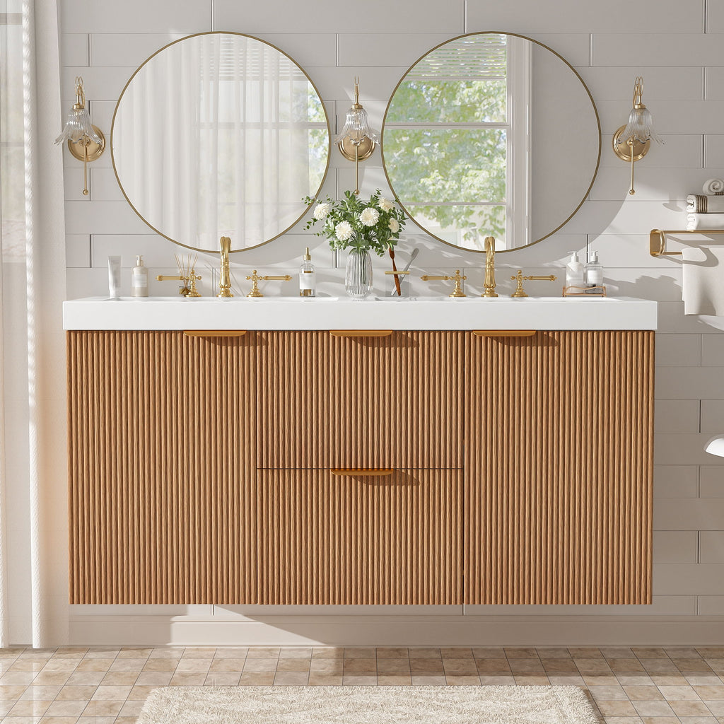 Double Sink Bathroom Vanity, Cabinet, Soft Close Doors, Divided Drawers, Wall Mounted Storage - Wood