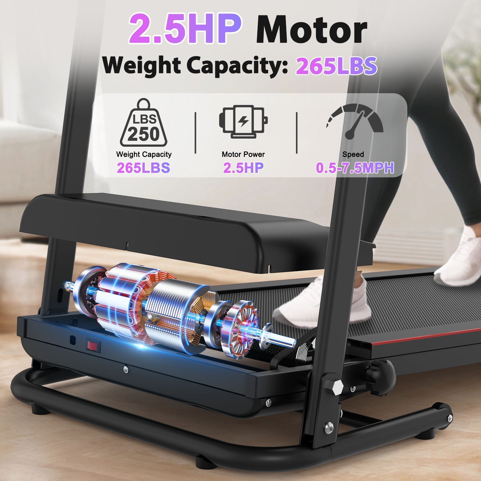 Foldable Electric Treadmill With 2.5Hp Motor, 12Km / H Speed, 3 Incline Levelstooth Music, Heart Rate Sensor, Spacious Running Belt For Indoor - Black
