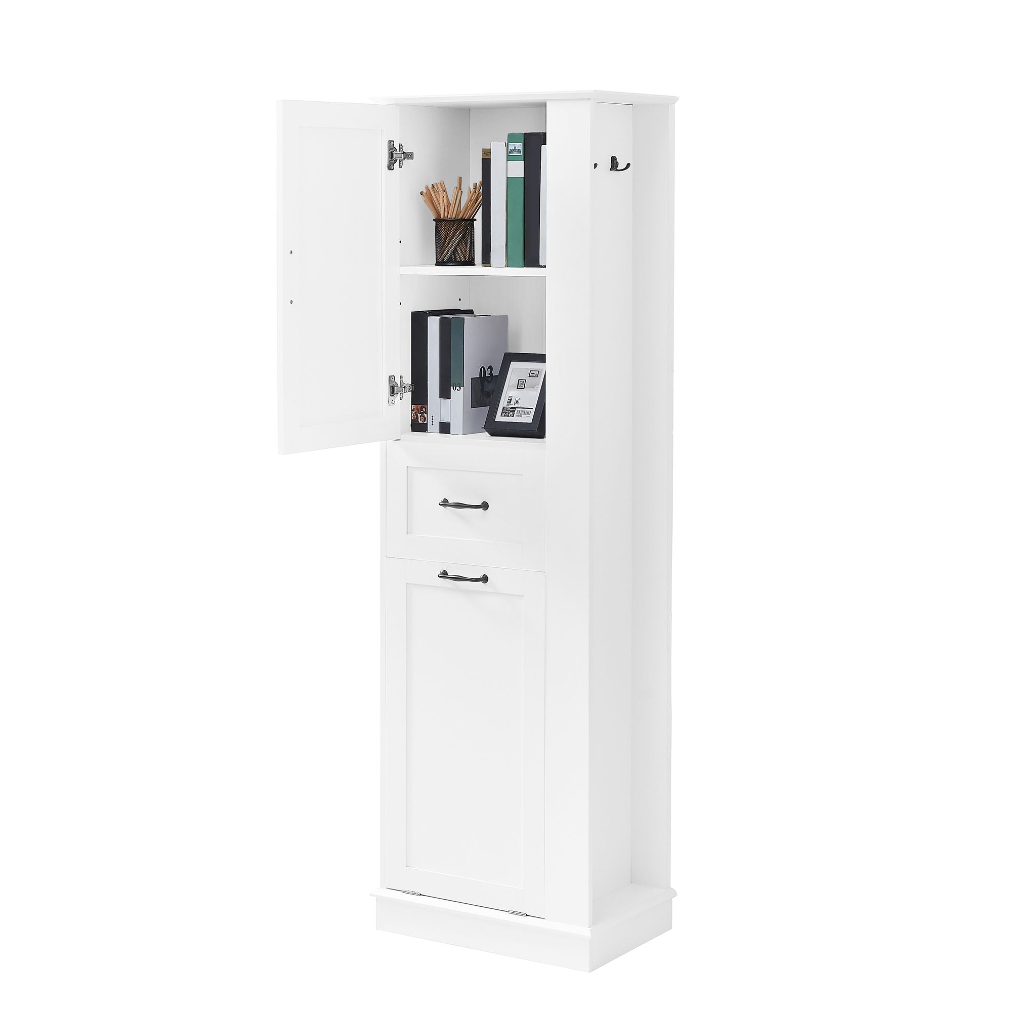 Modern Tall Storage Cabinet With Tilt-Out Compartment, Adjustable Shelves