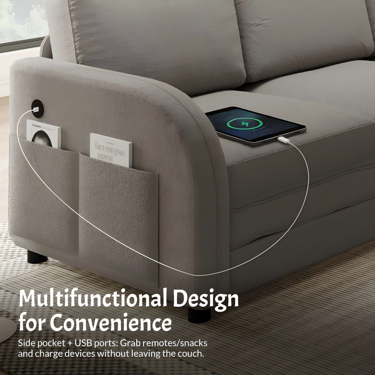 L-Shaped Couch With Pull-Out Bed, Oversize Convertible Sleeper Sofa With Side Pocket & USB Port