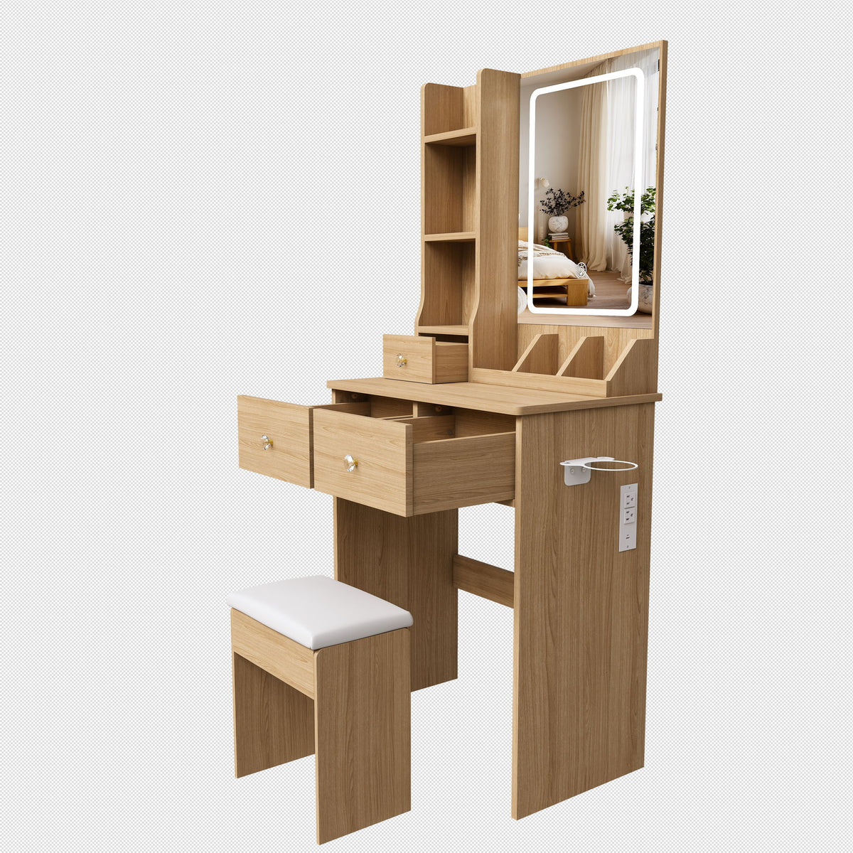 Small Vanity Desk With 3 LED Lighting Modes, 3 Drawers, Hair Dryer Holder, Power Socket, And Dressing Chair - Natural Walnut