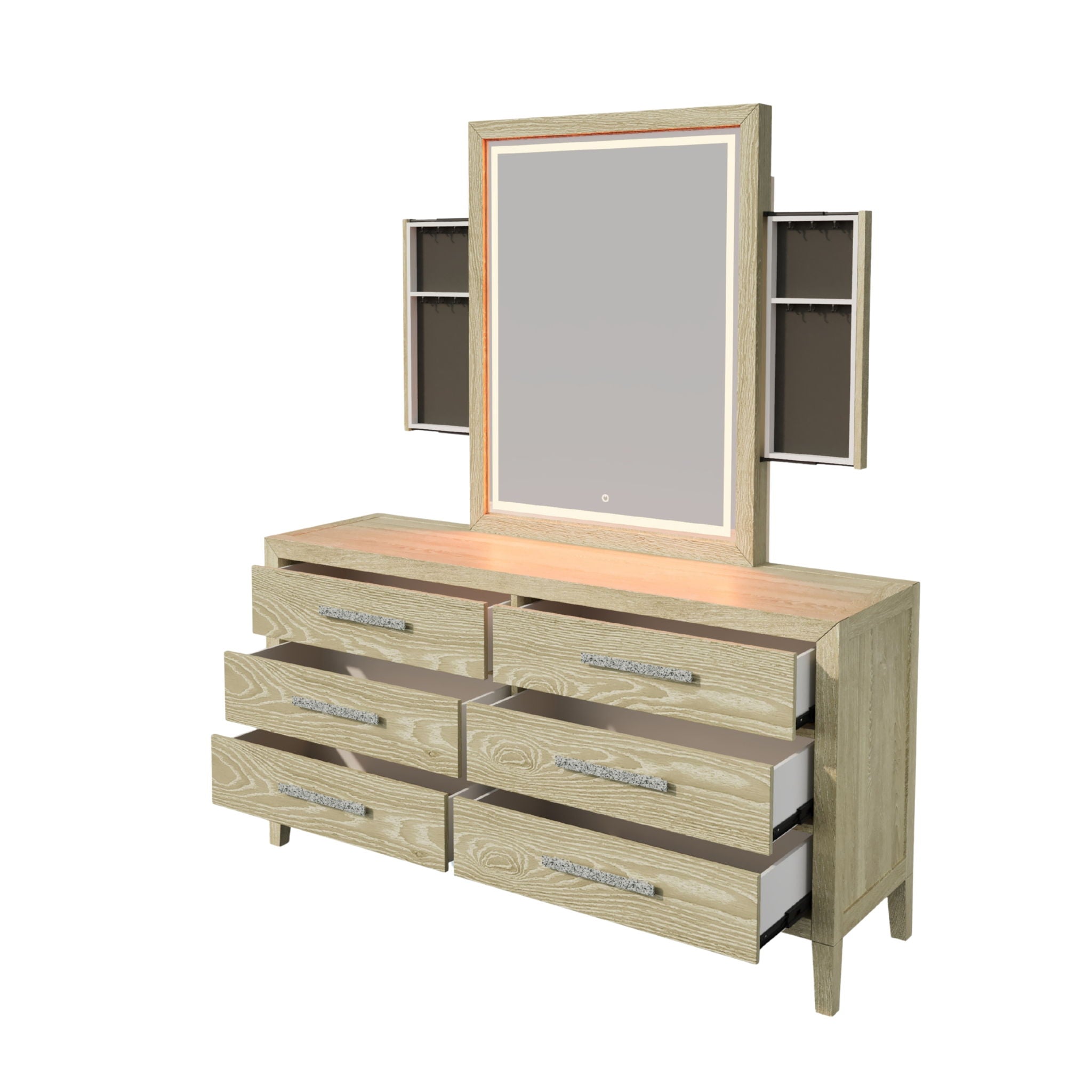 Adeline - 6 Drawers Dresser & Mirror With Jewelry Box & LED Light - Natural Wood Wash