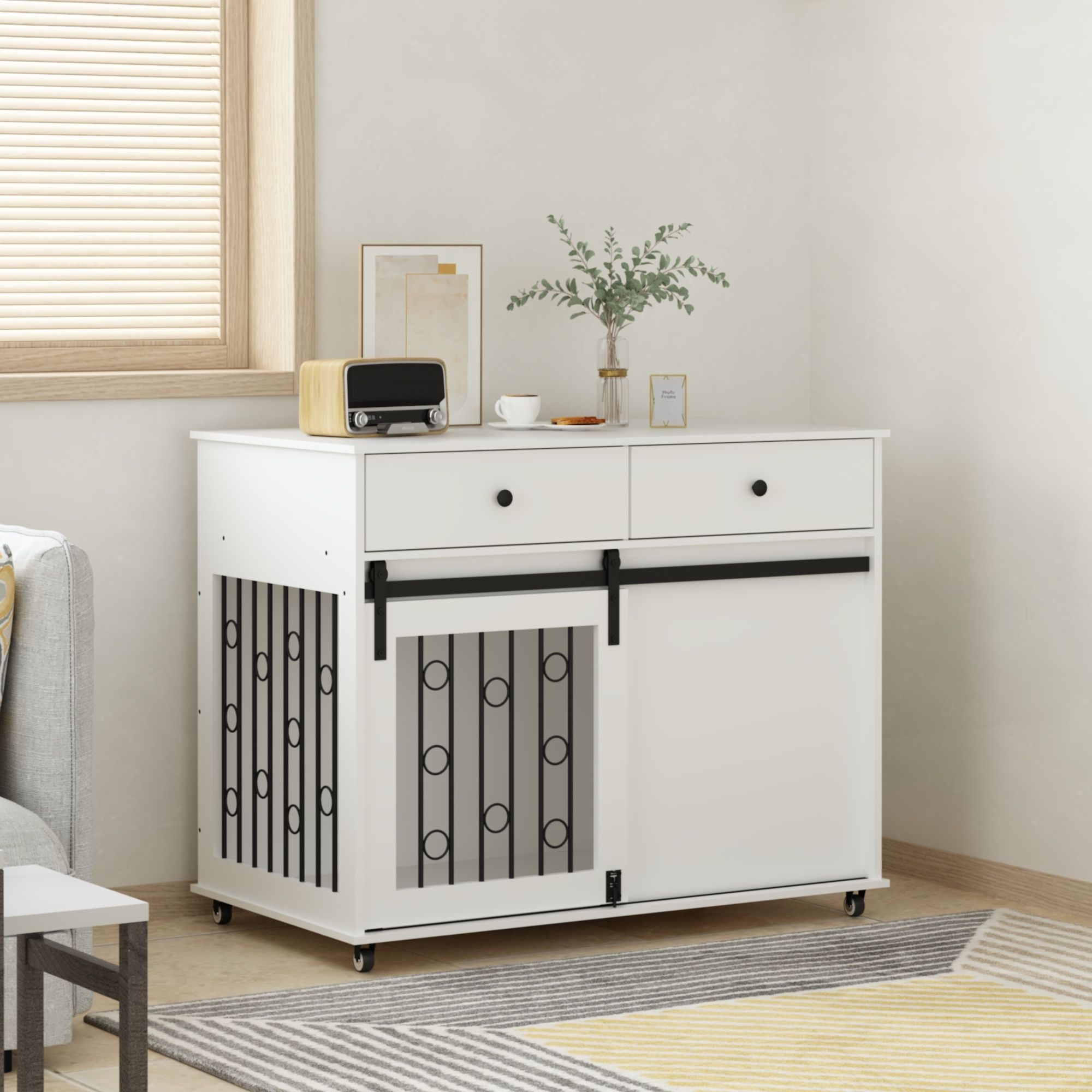 Dog Crate Furniture With Double Drawers And Sliding Barn Door, Pet Kennel For Small To Medium Dogs - White