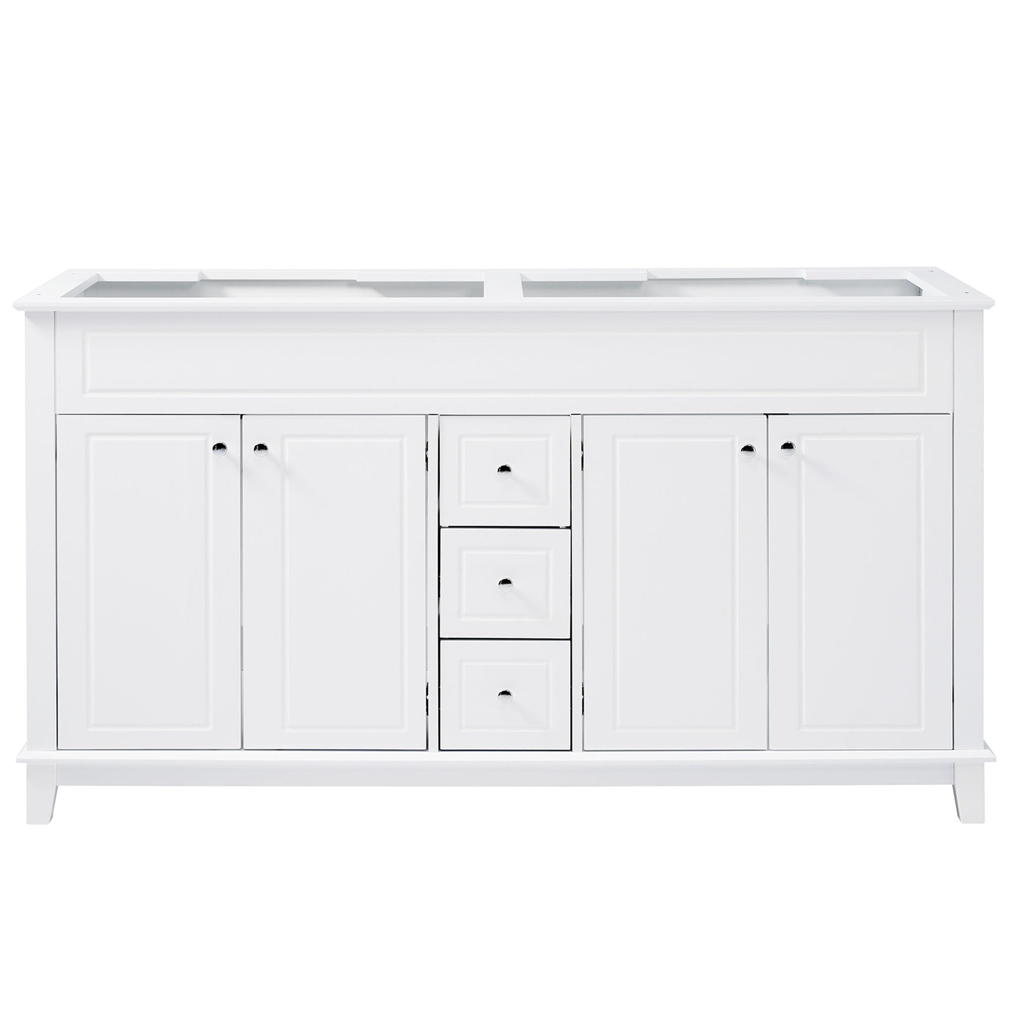 Bathroom Vanity Cabinet Only, 3 Drawers & 4 Doors & Double Layer Shelves - White