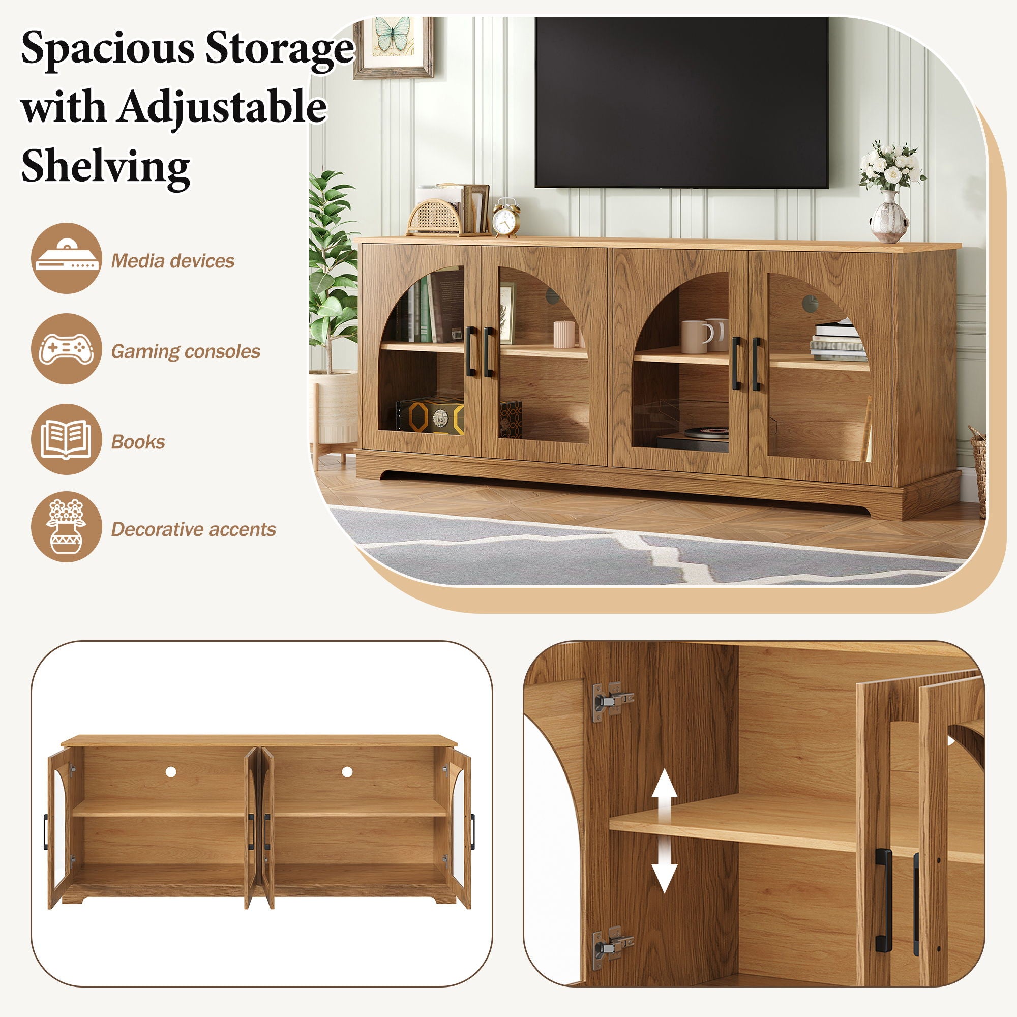 TV Stand With Semi Arched Glass Doors, Media Console With Adjustable Shelves For Living Room - Brown