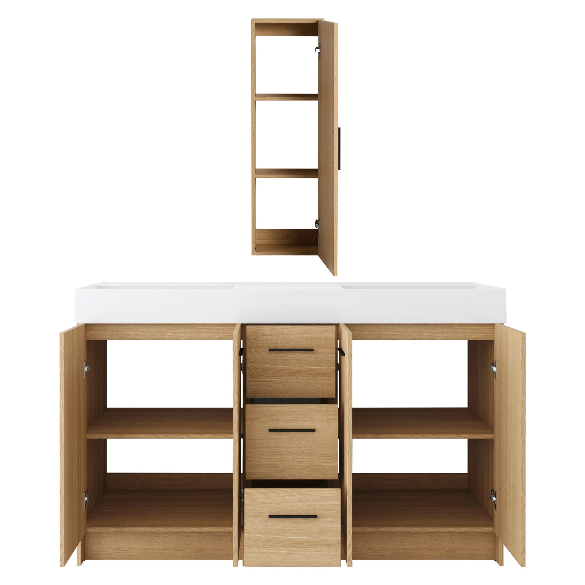 Double Sink Bathroom Vanity Set With Tall Linen Cabinet, 3 Drawers, Extra Large Storage, Integrated Sink, Freestanding Cabinet - Light Oak / White
