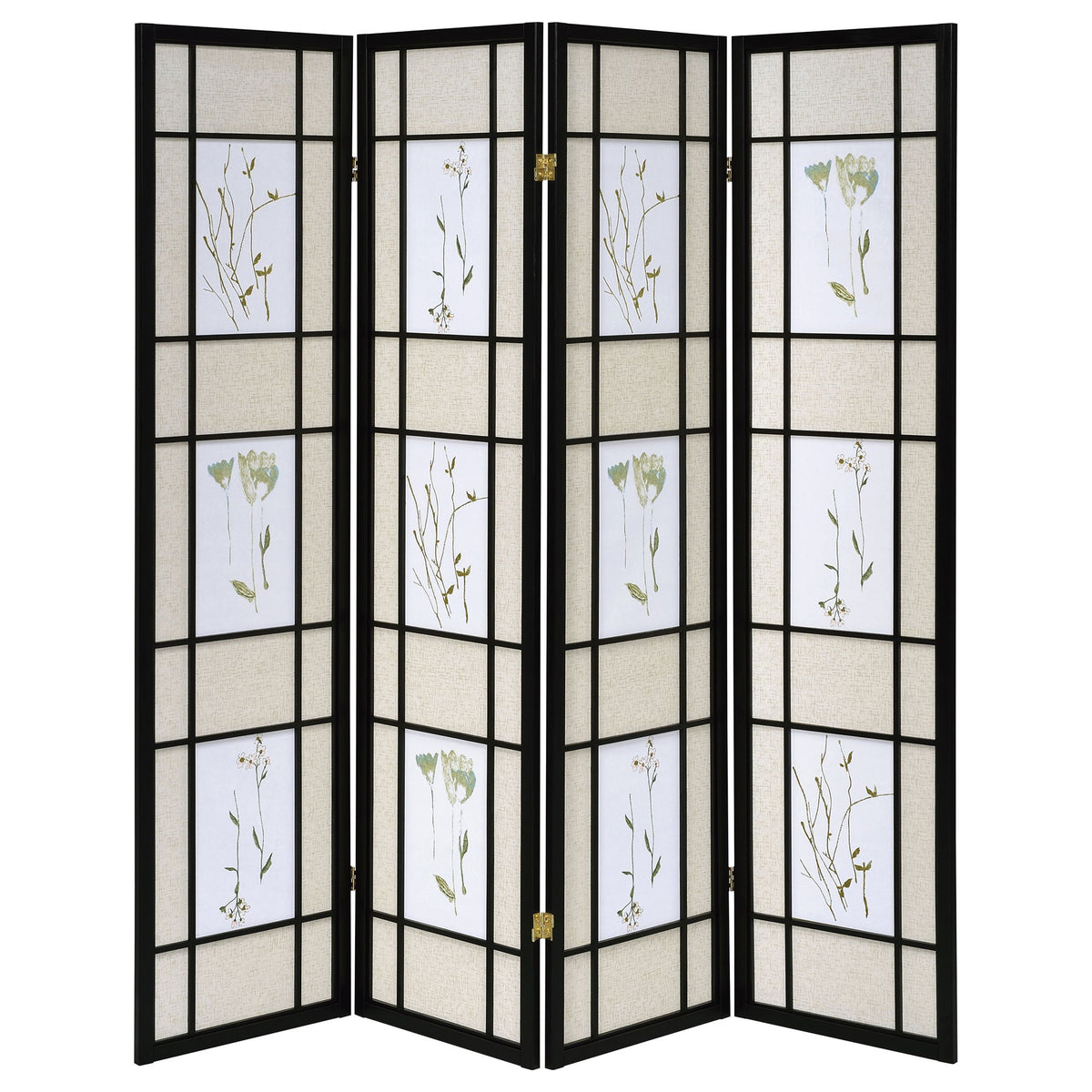 4 Panel Folding Screen With Floral Motif - Black