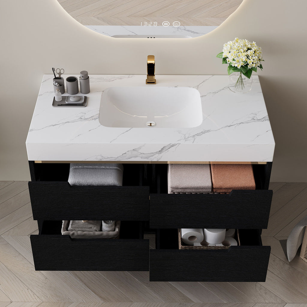 Bathroom Vanity With Undermount Sink, 4 Drawers Storage, Free Standing / Wall Mounted - Black / White