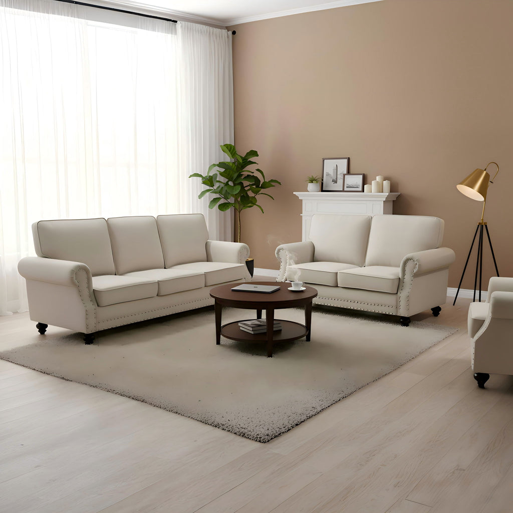 Loveseat Sofa With Nailhead Detail & Turned Legs, 2 Seater Upholstered Couch