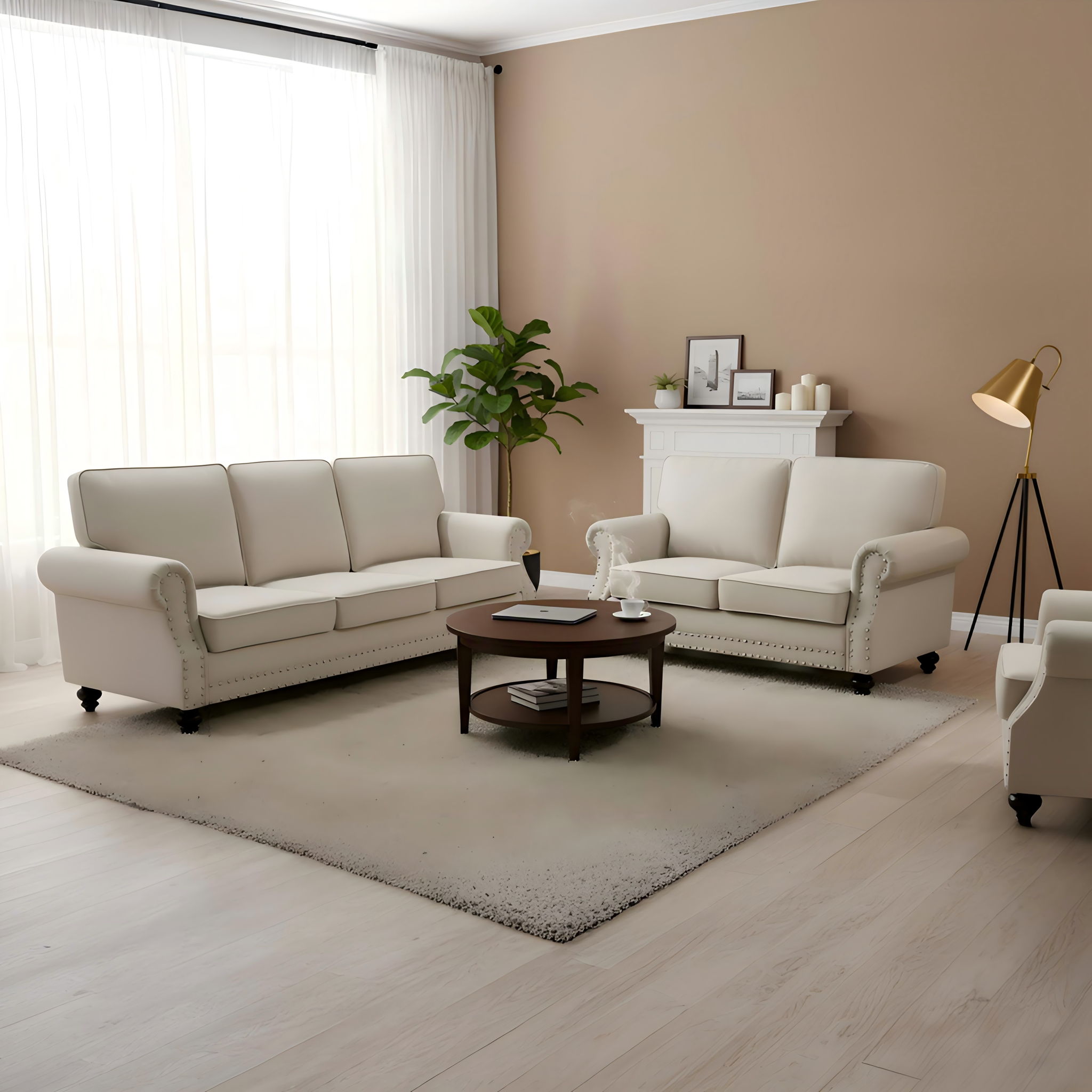 Loveseat Sofa With Nailhead Detail & Turned Legs, 2 Seater Upholstered Couch