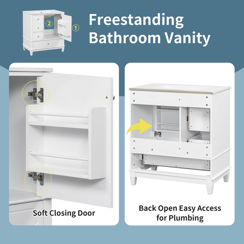 Bathroom Vanity With Sink, Freestanding Vanity Cabinet With Ceramic Basin, Soft Close Door, 3 Drawers
