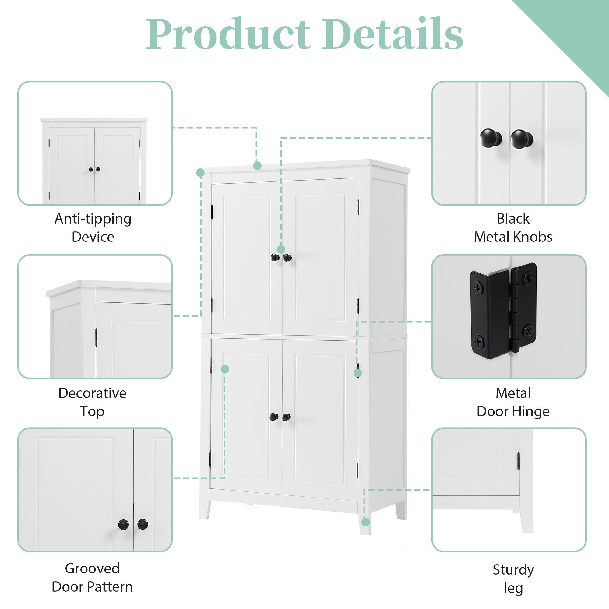 Elegant Bathroom Floor Storage Cabinet With 4 Doors, Adjustable Shelves