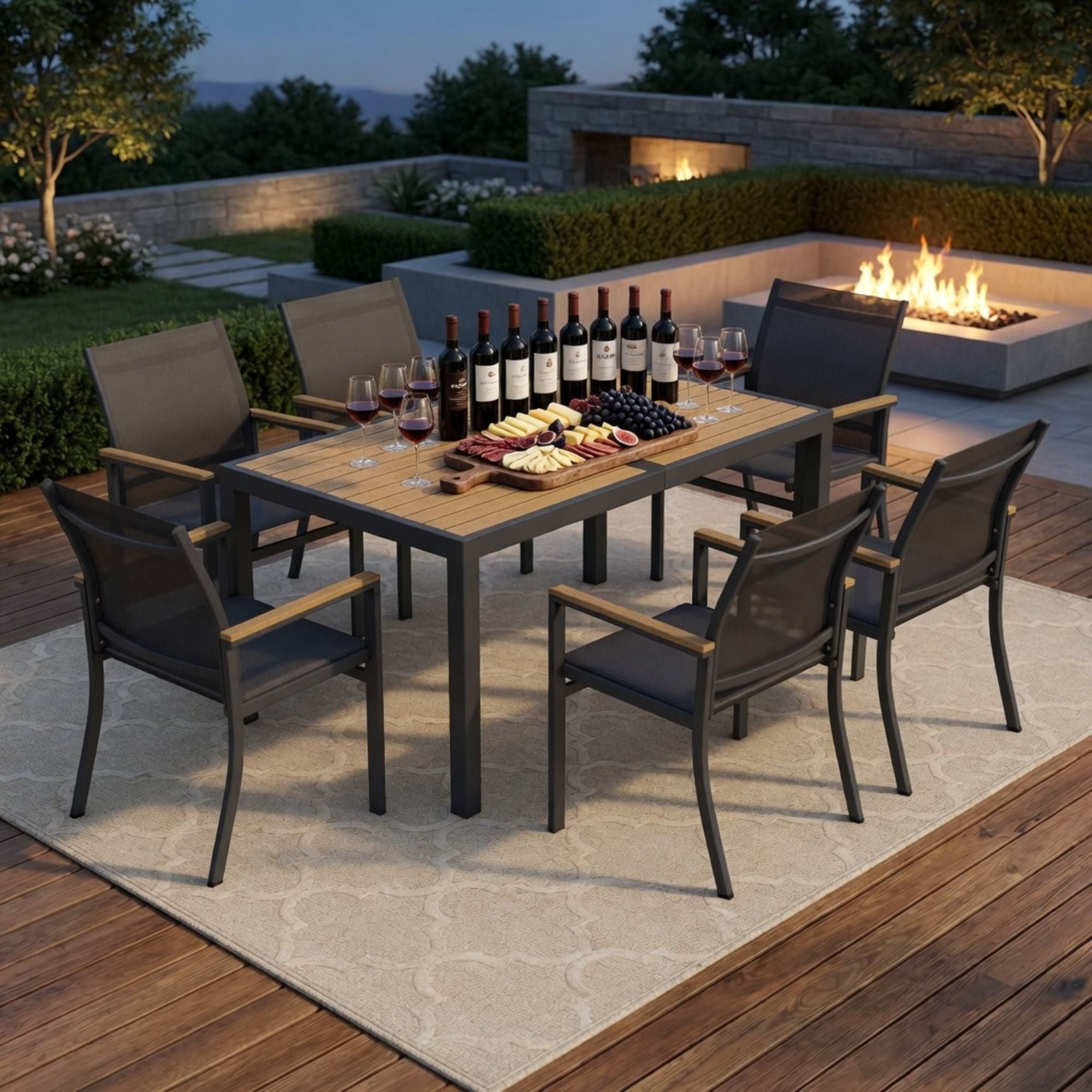 7 Piece Gray Aluminum Patio Dining Set With Textilene Chairs For Outdoor Living Frame With Accents, 59" Rectangle Table, All Weather Durable
