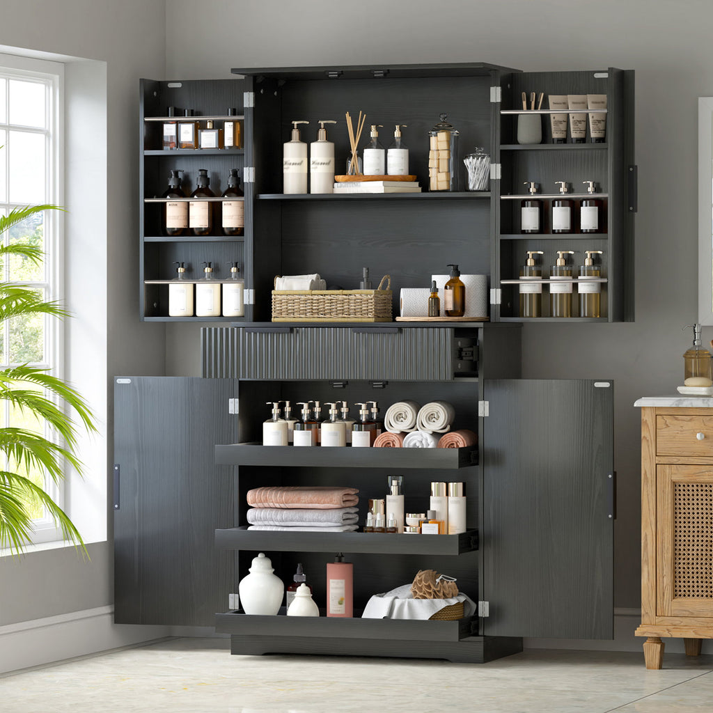 Fluted Kitchen Pantry Cabinet With 3 Keyboard Drawers & 6 Adjustable Door Shelves