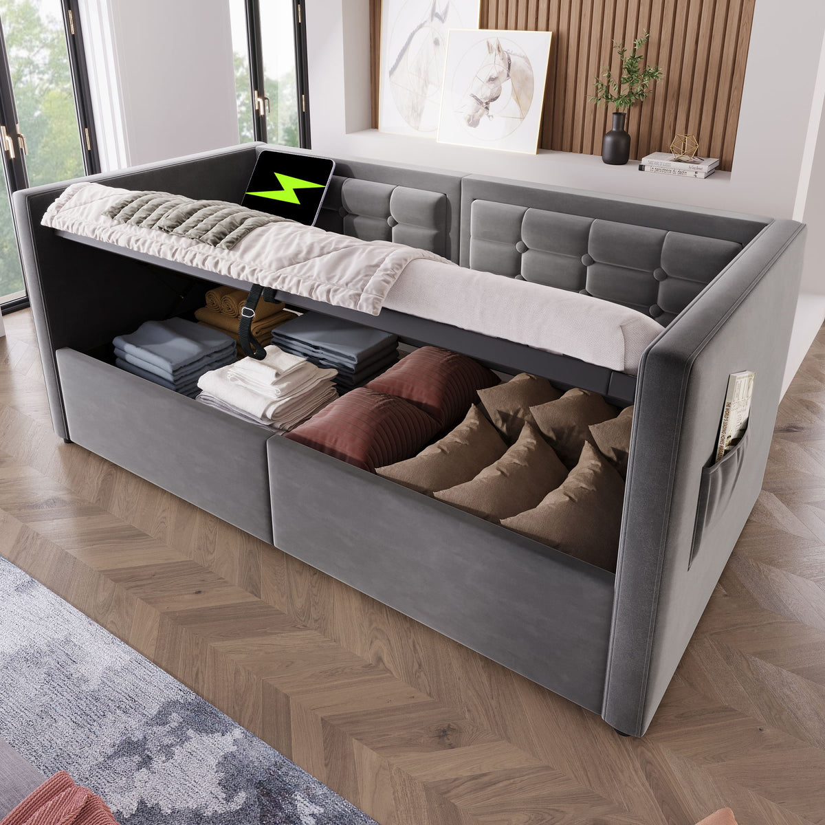 Upholstered Daybed With Hydraulic Storage And USB / Type - C Charging
