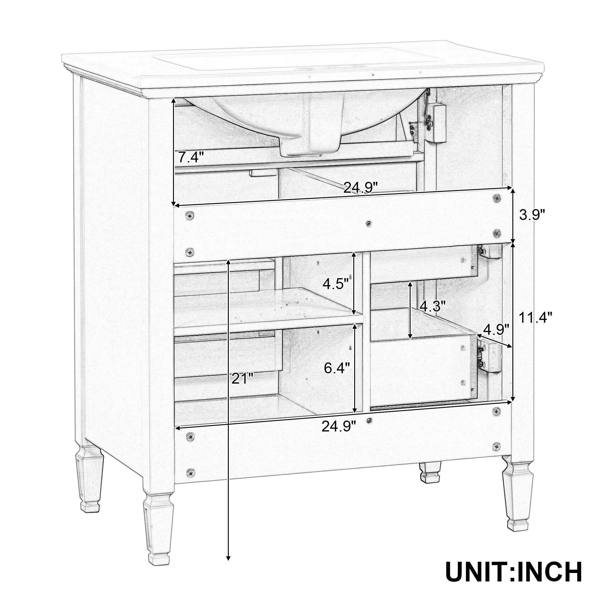 Modern Bathroom Vanity With Sink, 1 Flip Drawer And 2 Drawers, Adjustable Shelf