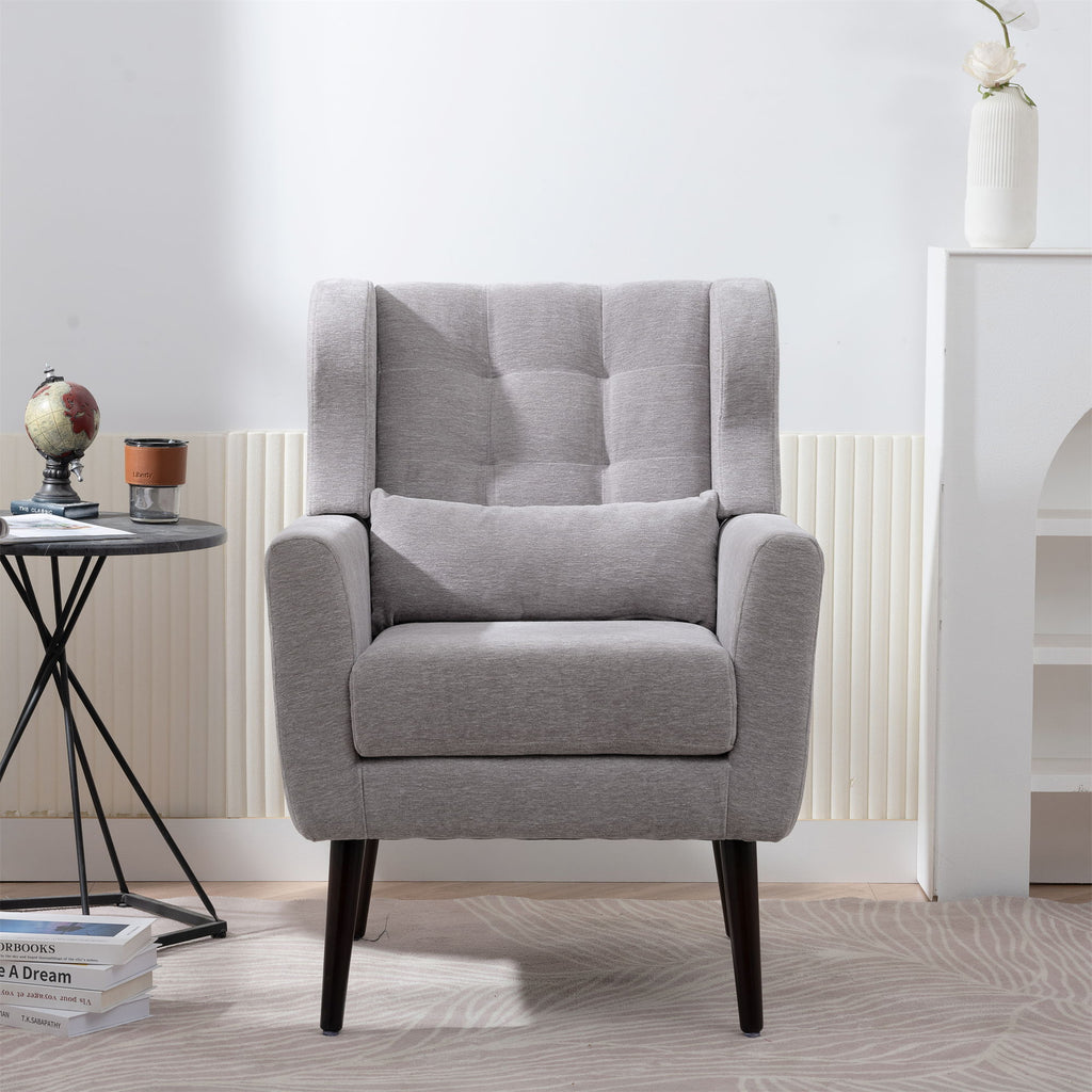 Modern Accent Chair, Arm Chairs For Living Room, Upholstered Mordern Armchair, Comfy Soft Padded Lounge Chair In Small Space, Bedroom, With Pillow, Solid Wood Leg