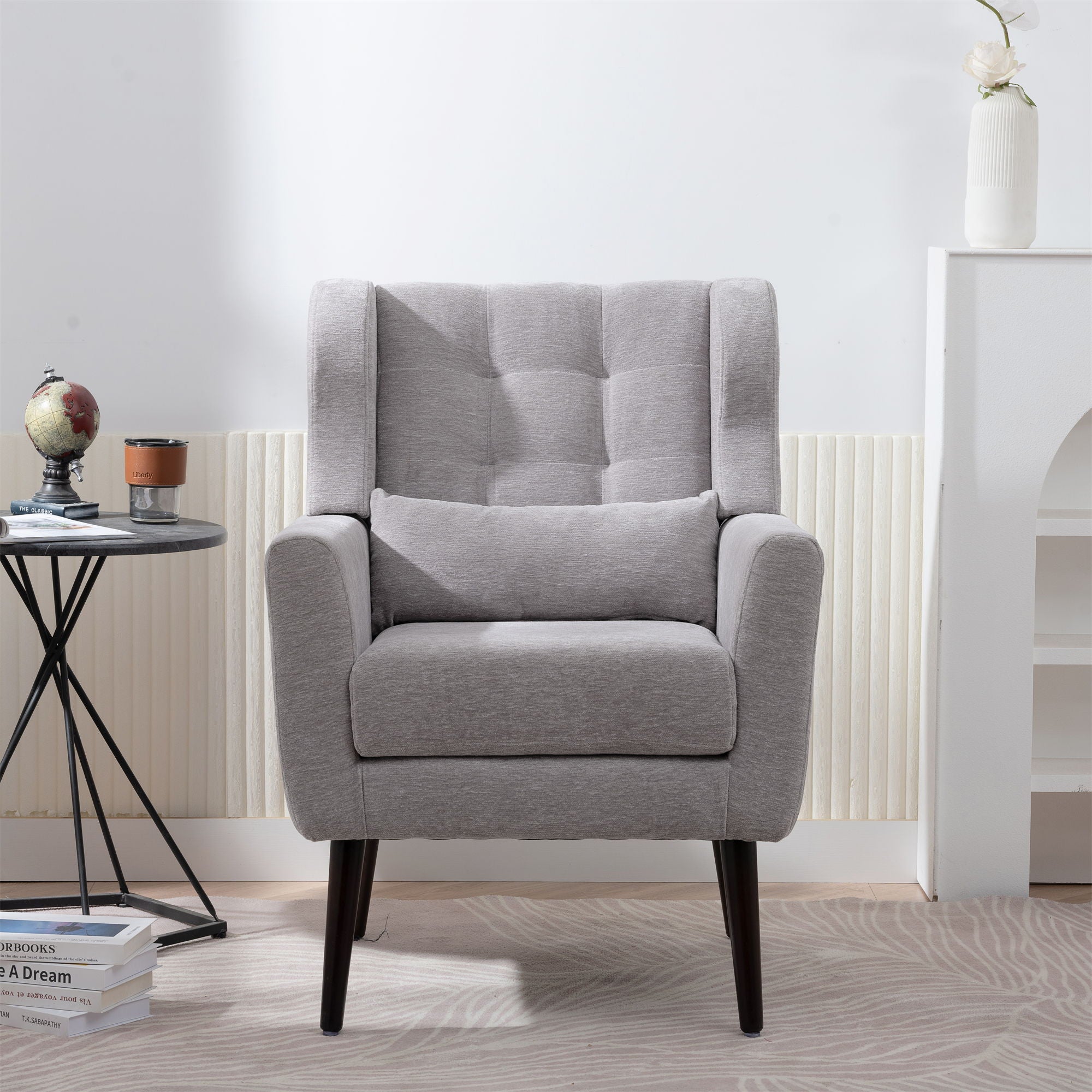 Modern Accent Chair, Arm Chairs For Living Room, Upholstered Mordern Armchair, Comfy Soft Padded Lounge Chair In Small Space, Bedroom, With Pillow, Solid Wood Leg