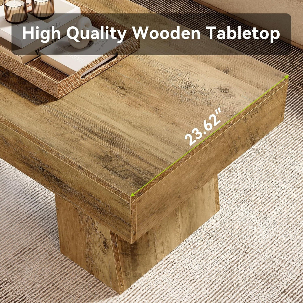 Rectangular Accent Coffee Table With Thick Base, Low Cocktail Tea Furniture For Living Room - Rustic Brown