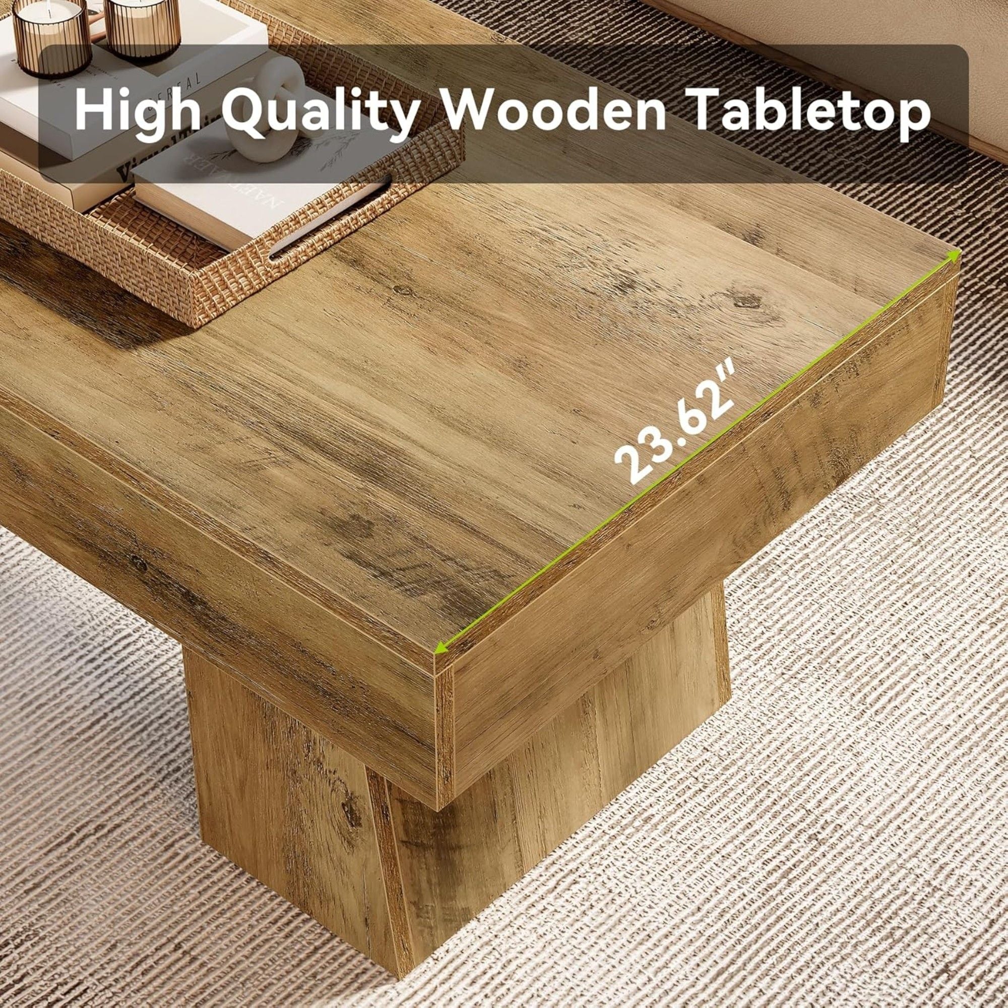 Rectangular Accent Coffee Table With Thick Base, Low Cocktail Tea Furniture For Living Room - Rustic Brown
